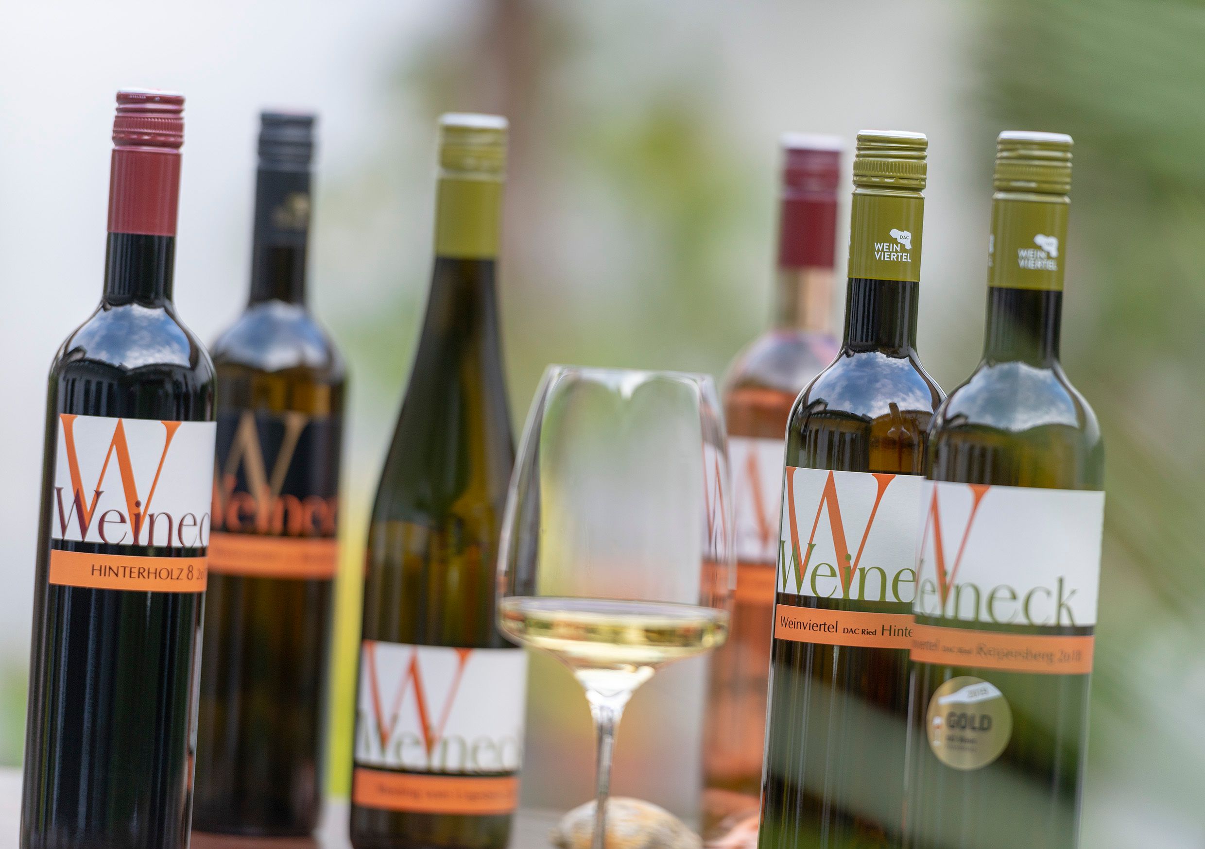 Verschiedene Weinflaschen und ein Glas Weißwein auf einem Tisch.