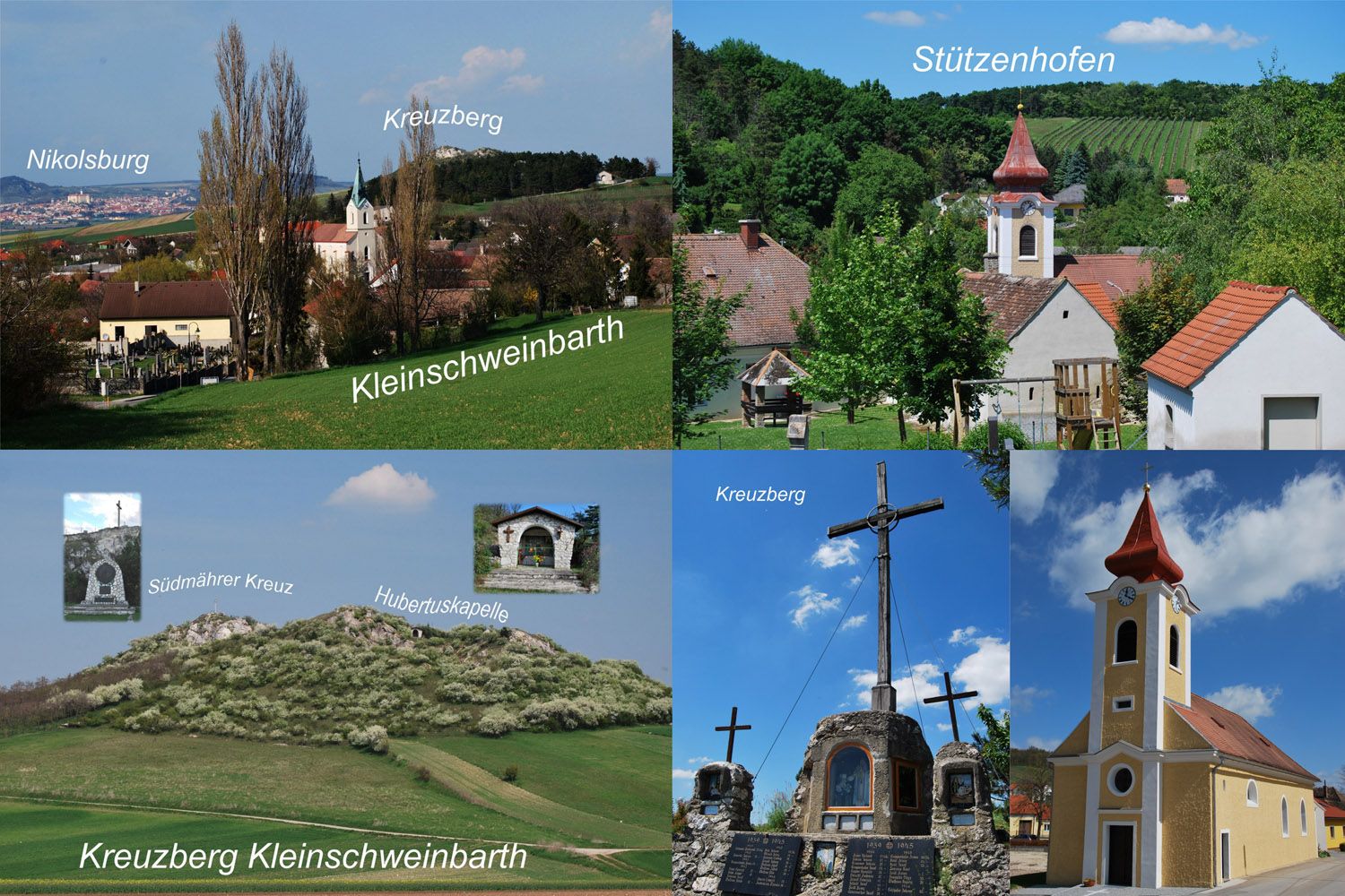 Collage von Landschaften und Gebäuden in Drasenhofen, inklusive Kirchen und Kreuzen.
