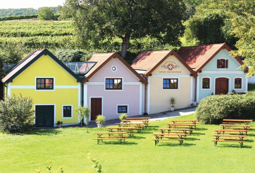 Drei bunte Gebäude des Weinguts Brunthaler mit Bierbänken im Vordergrund und Weinbergen im Hintergrund.