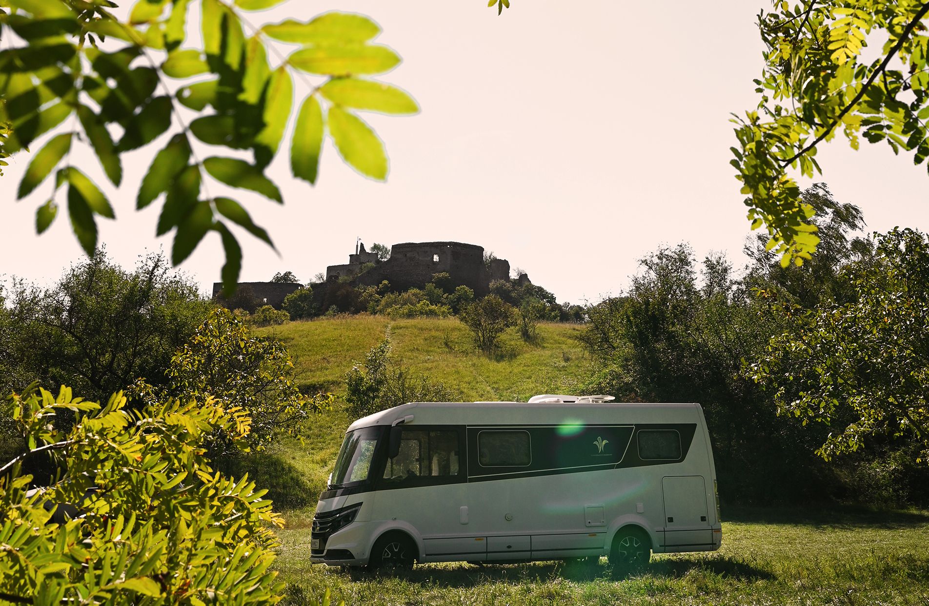 Ein Wohnmobil parkt bei der Burgruine Falkenstein.