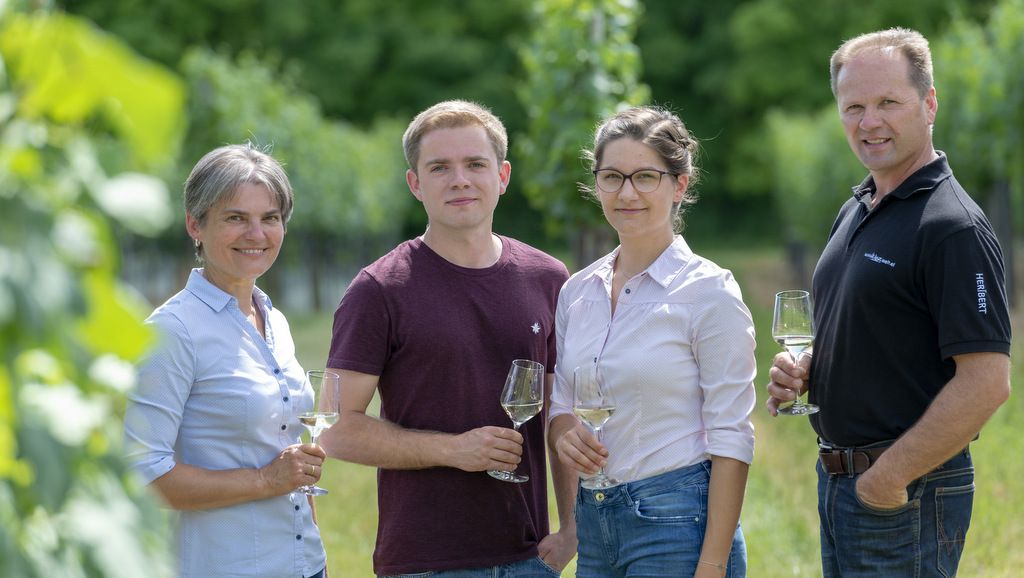 Four people are standing in a vineyard holding wine glasses.