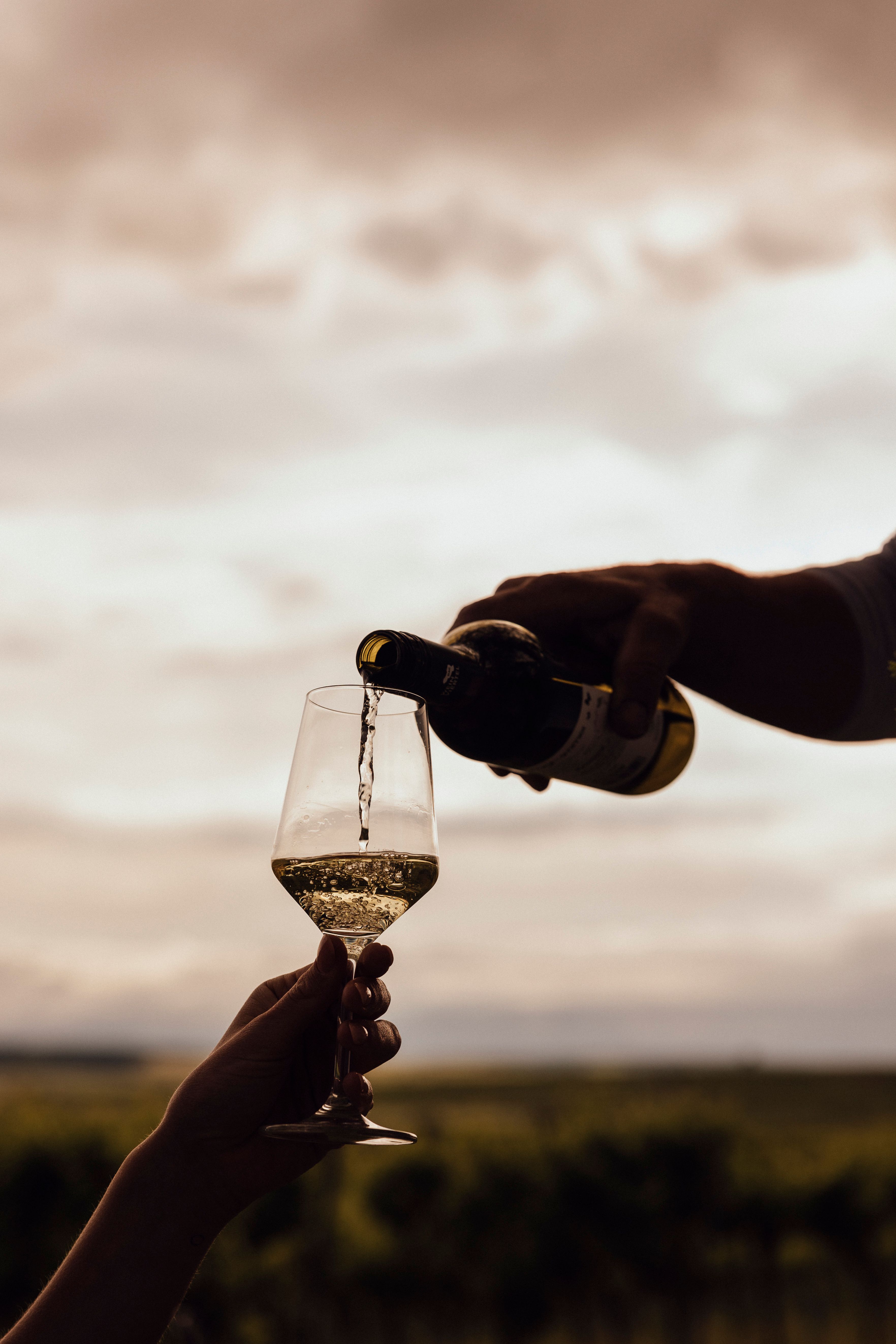 Eine Hand schenkt Weißwein aus einer Flasche in ein Glas im Freien ein.