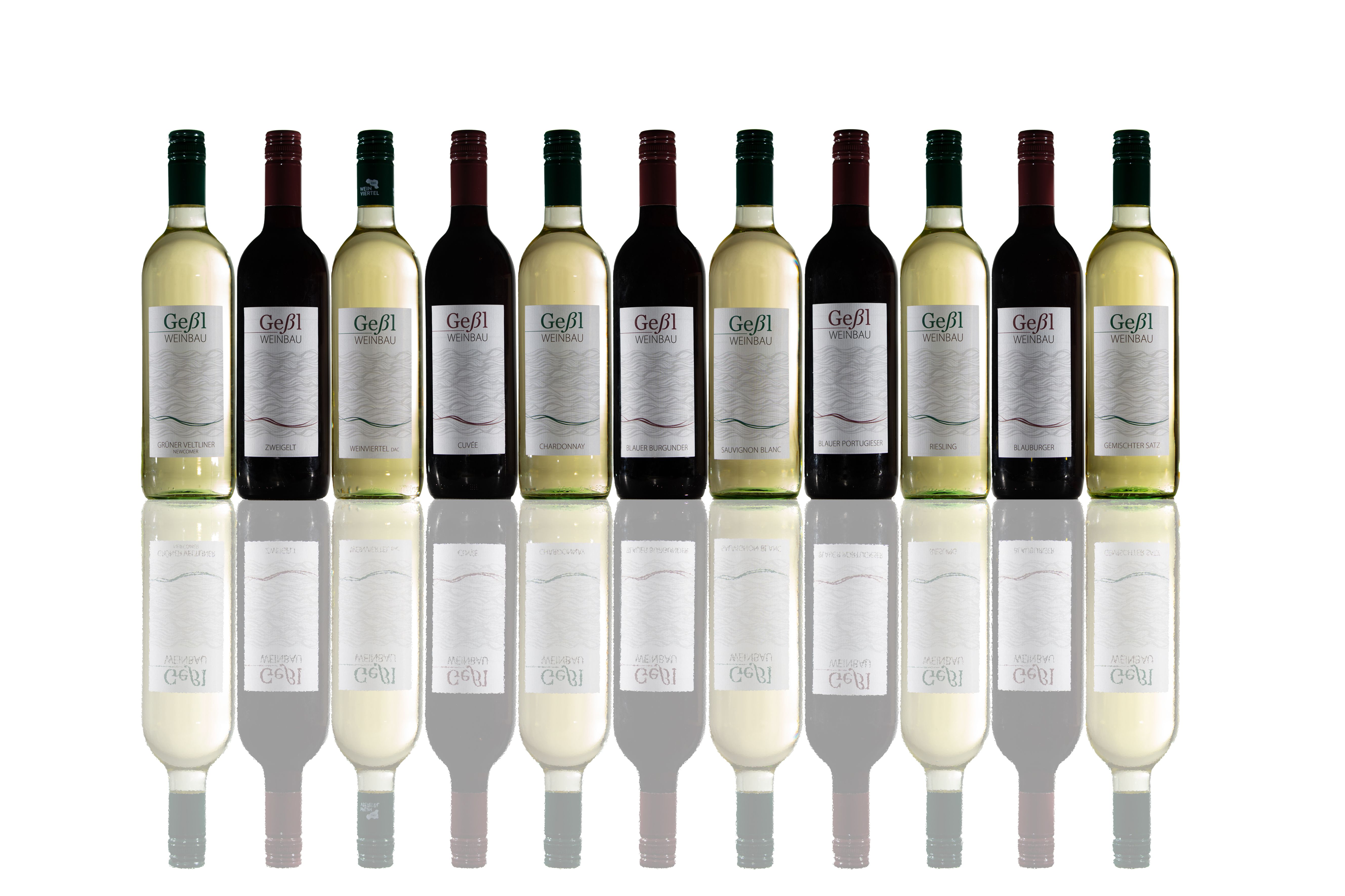 A series of wine bottles with different varieties and labels that are reflected on a reflective surface.