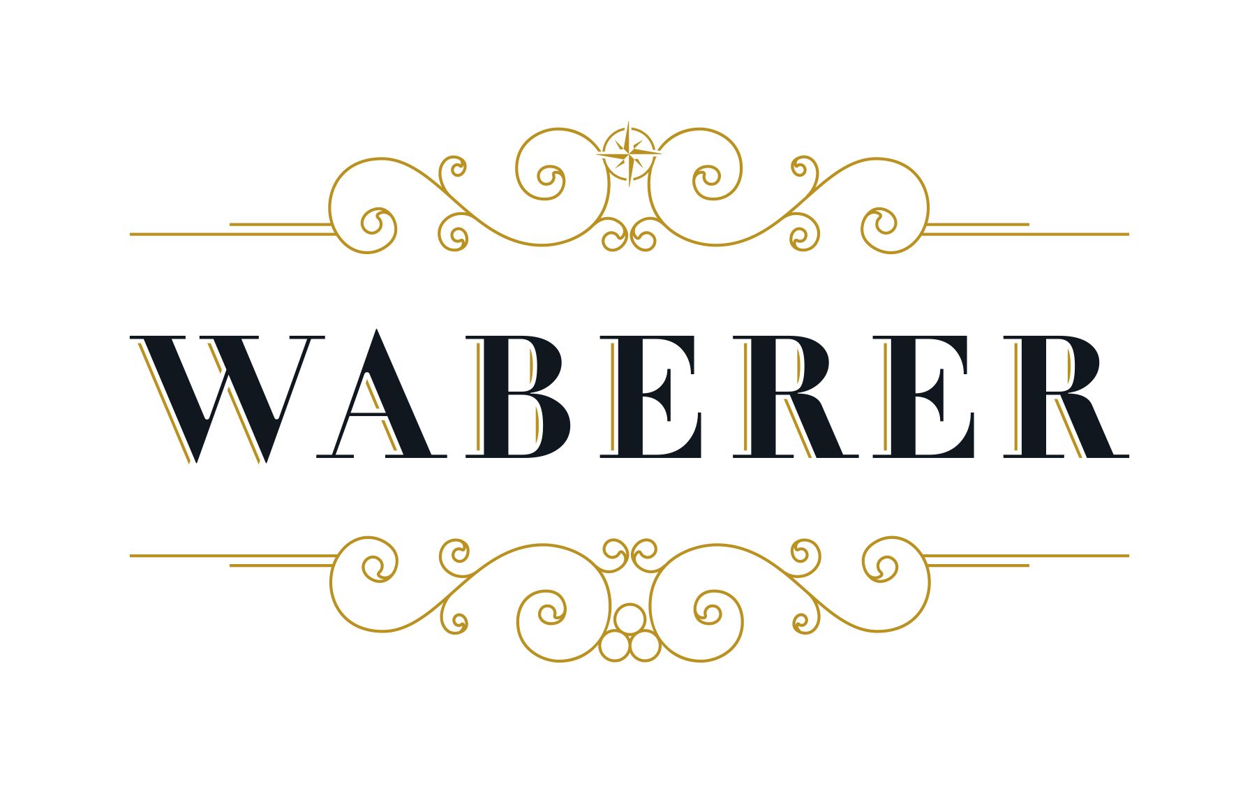 Logo s nápisom "WABERER" a ozdobnými zlatými ornamentmi.
