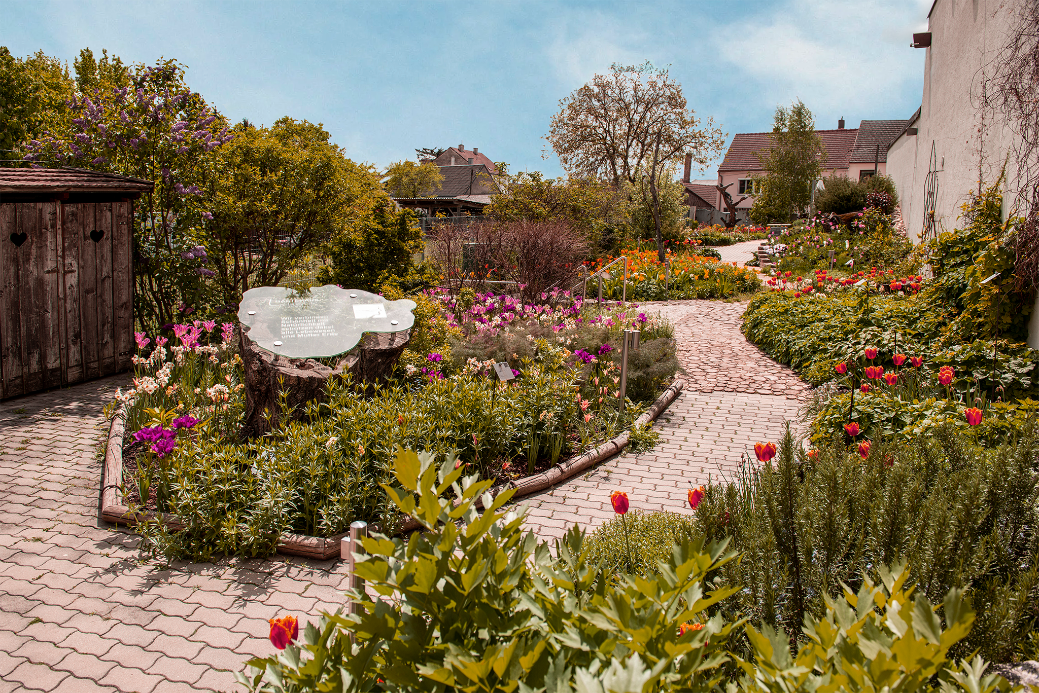 Ein blühender Garten mit einem geschwungenen Weg und einer kleinen Holzhütte.