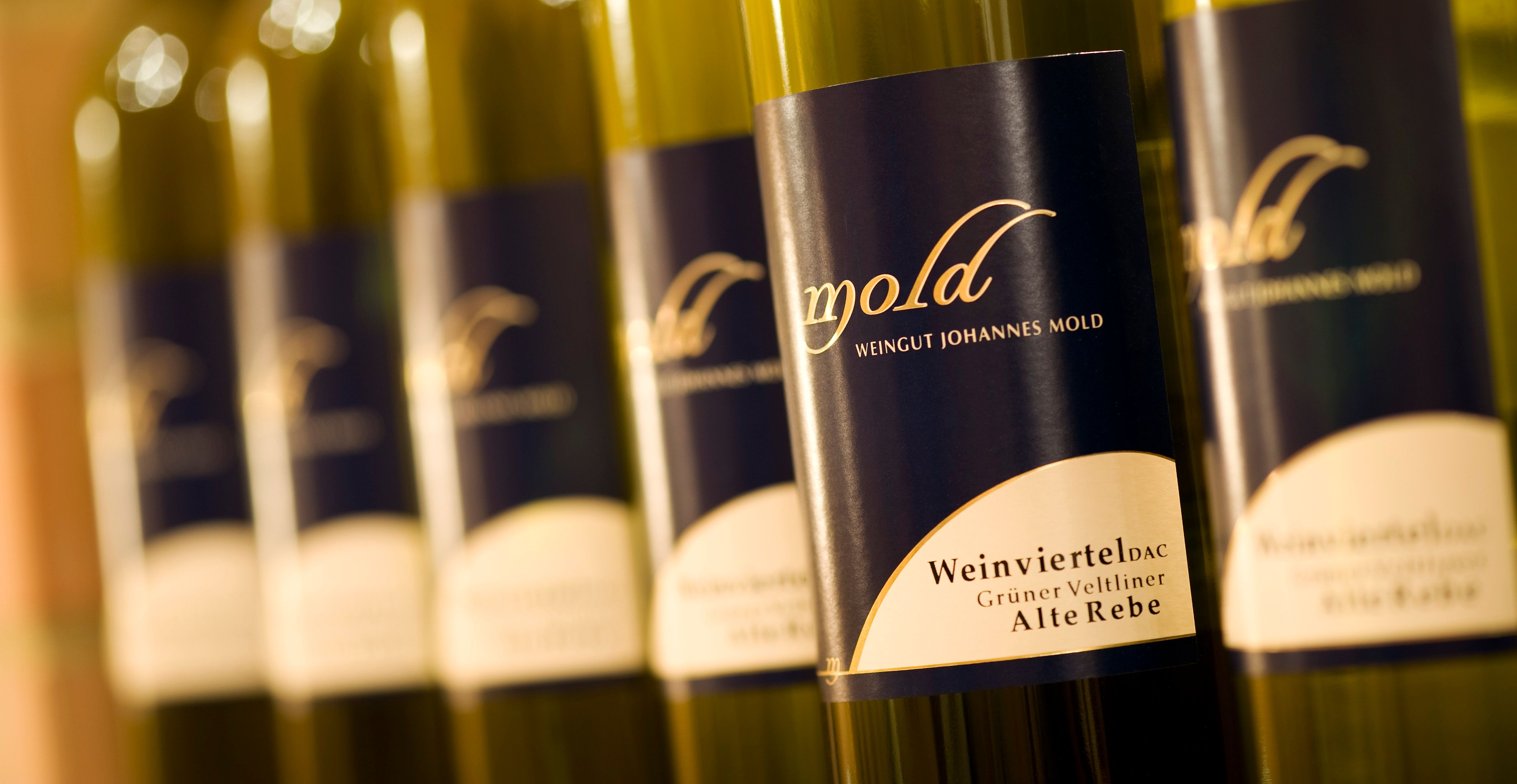 Close-up of wine bottles with label 'Mold Weingut Johannes Mold'.