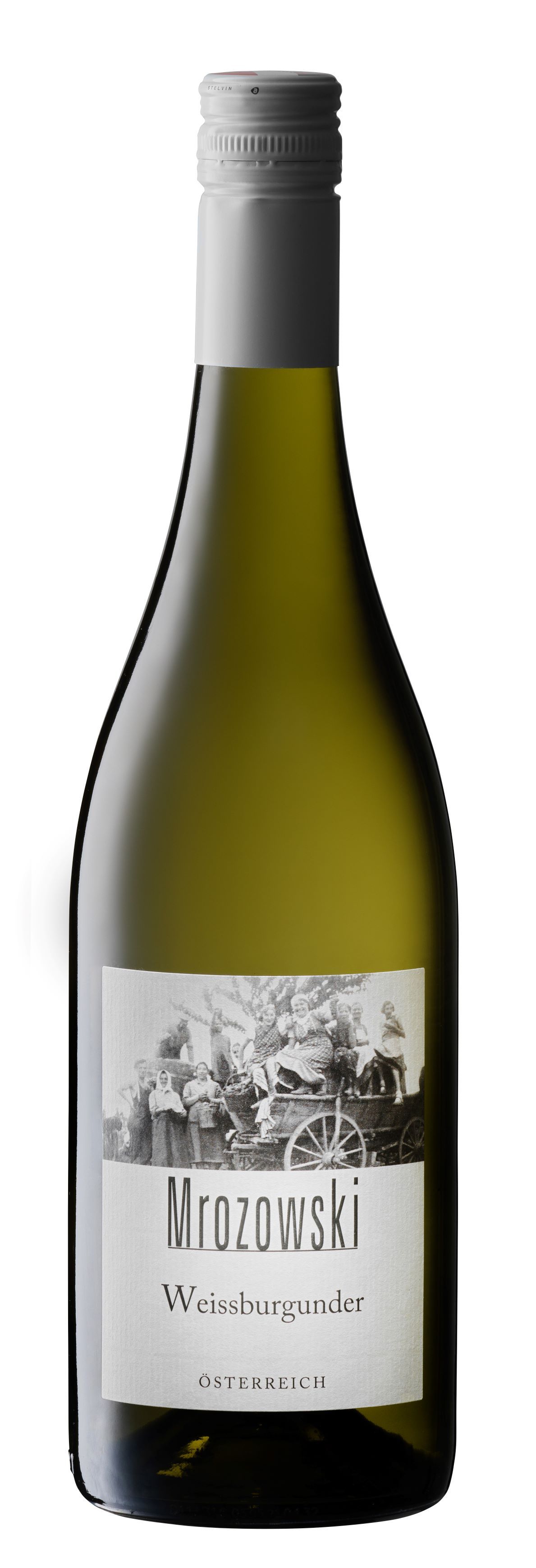 Wine bottle Mrozowski Pinot Blanc with label and screw cap.