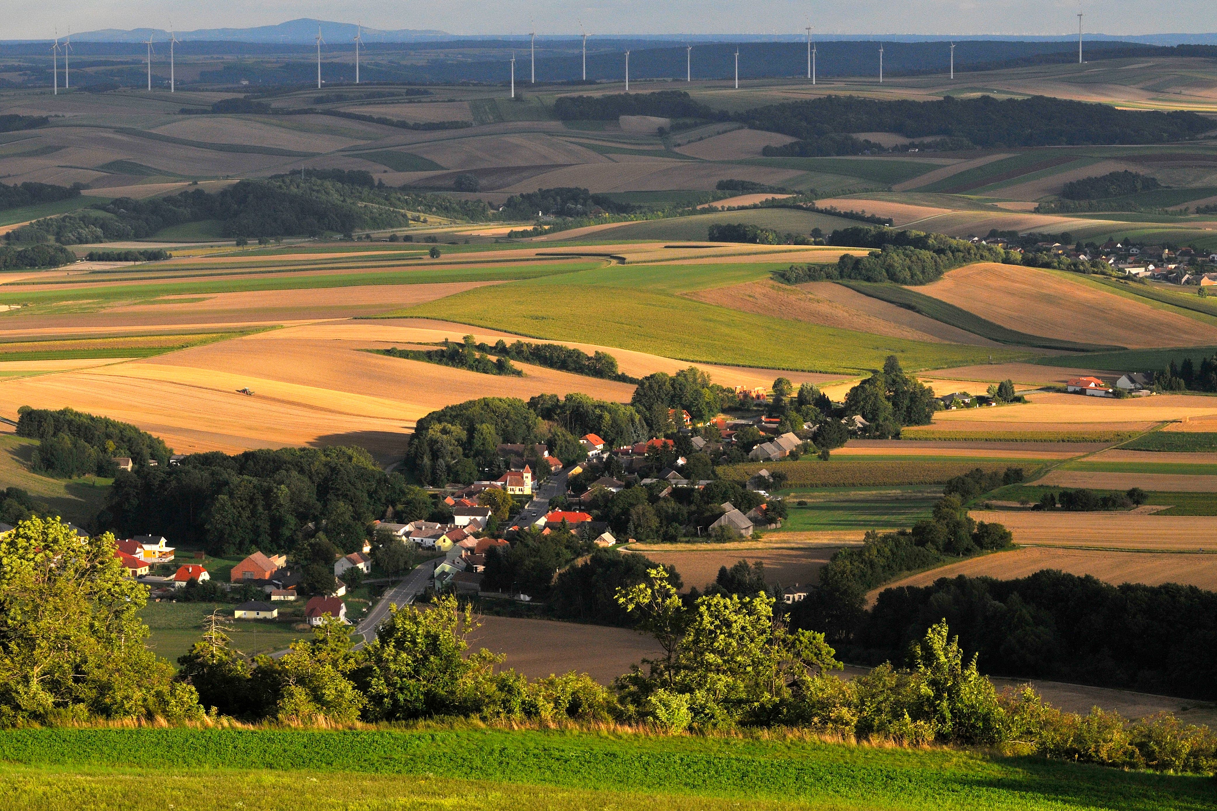 Landscape with fields, a village and wind turbines in the background.