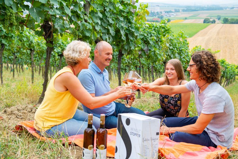 Vier Personen stoßen mit Weingläsern in einem Weinberg an.