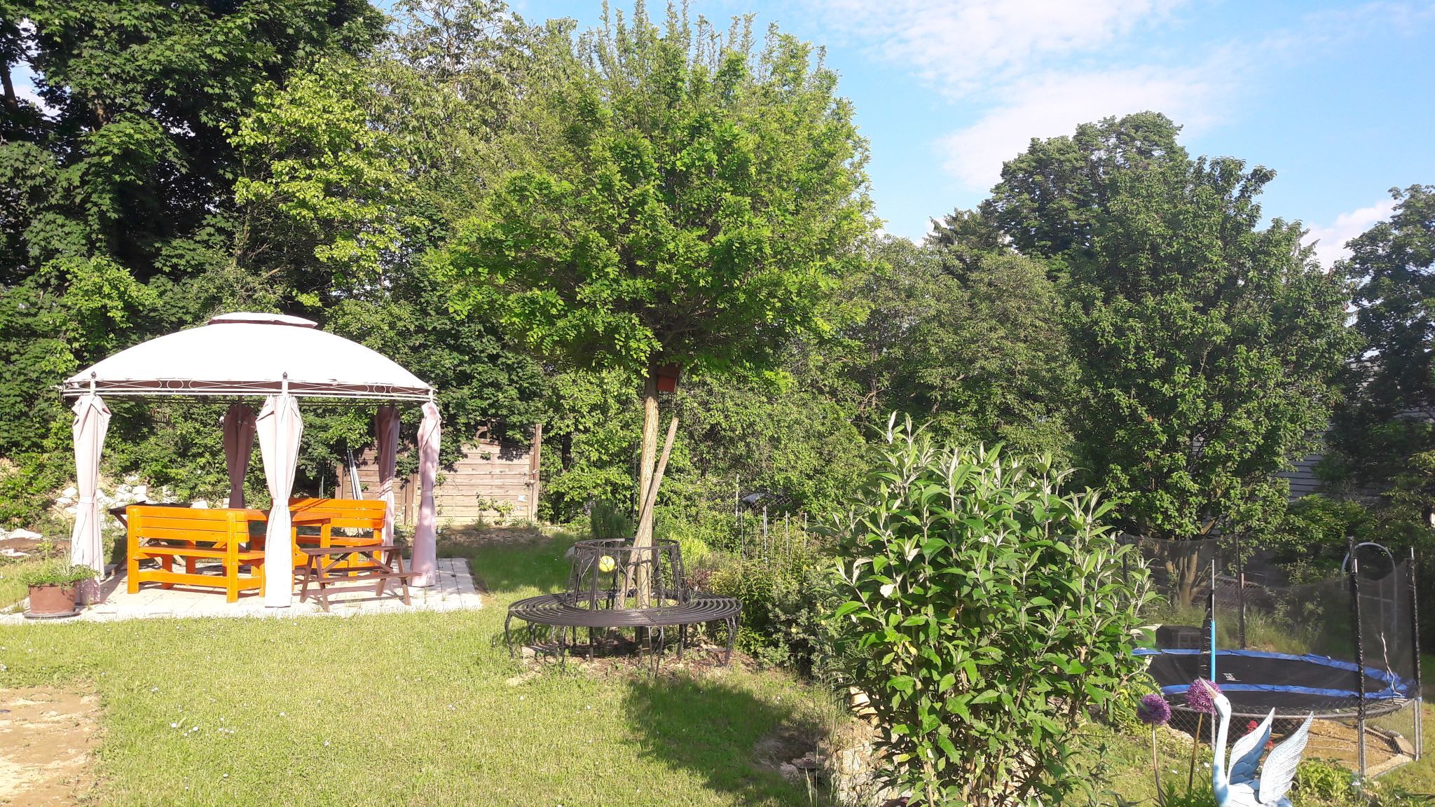 Ein Garten mit Pavillon, Bänken, Trampolin und Bäumen.