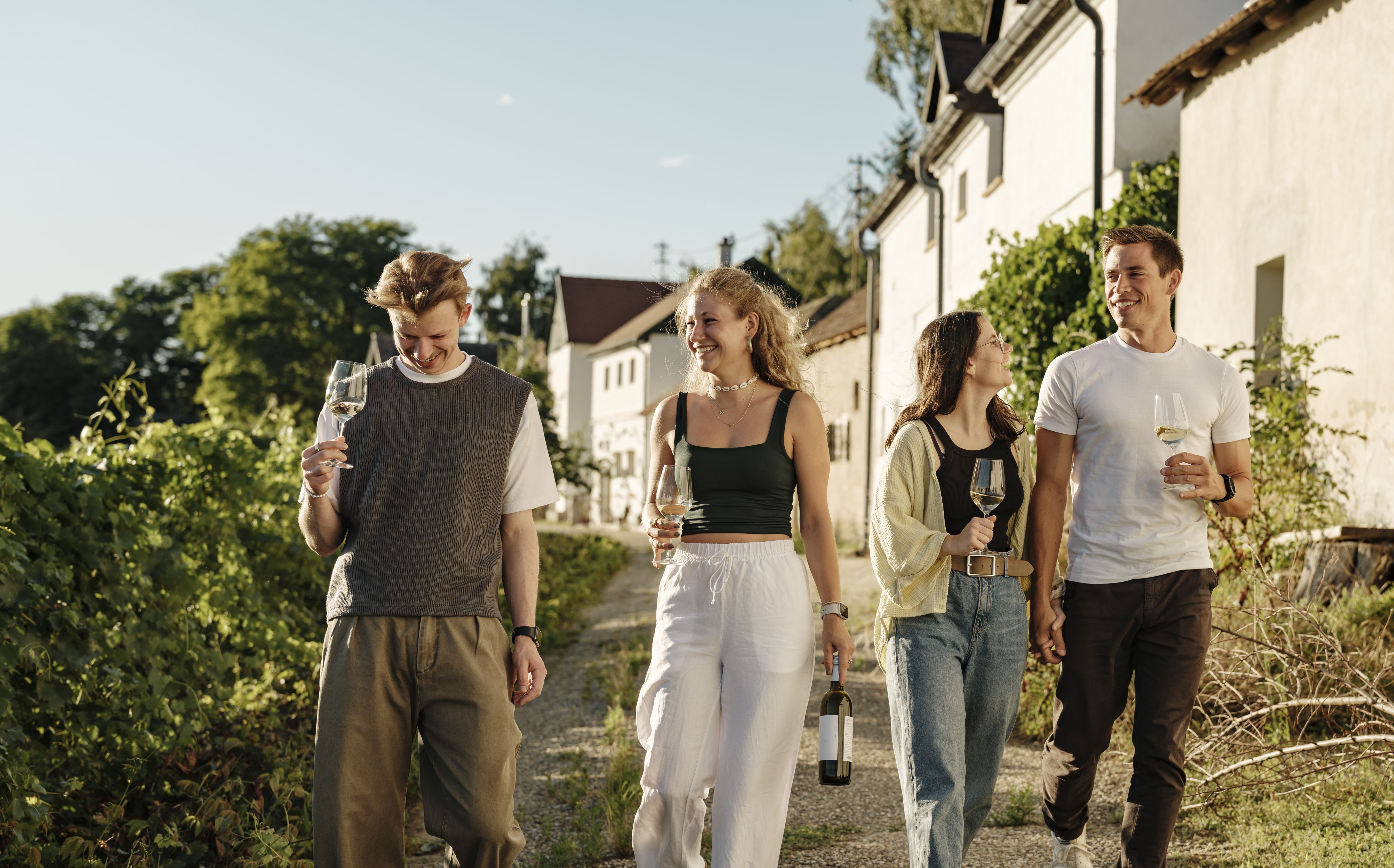Vier Personen spazieren durch eine Kellergasse.
