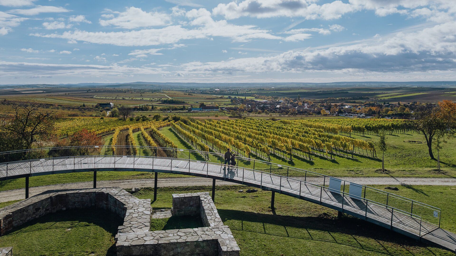 Eine Frau im Rollstuhl und ein Mann stehen auf einer Aussichtsplattform und blicken auf die herbstlich gefärbten Weingärten und die Weite der Weinviertler Landschaft.