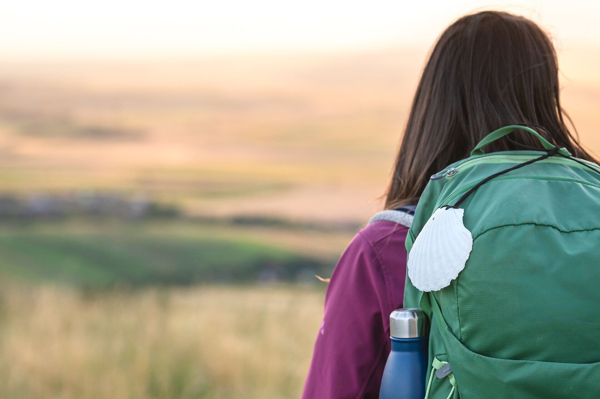 Eine Pilgerwanderin mit Rucksack inkl. Jakobsmuschel und Trinkflasche genießt den Ausblick in die Weinviertler Landschaft.