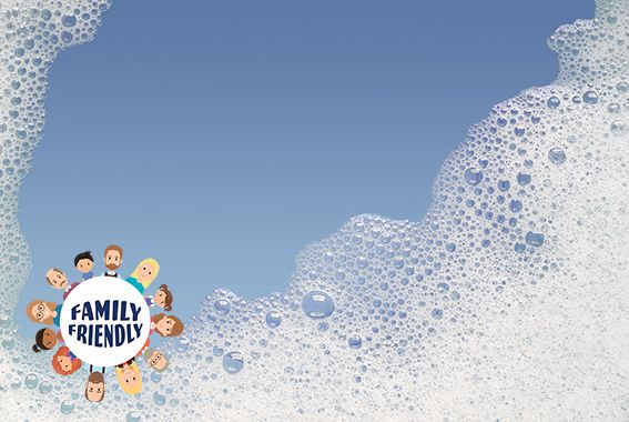 Border of bubble foam soap in blue water. | family