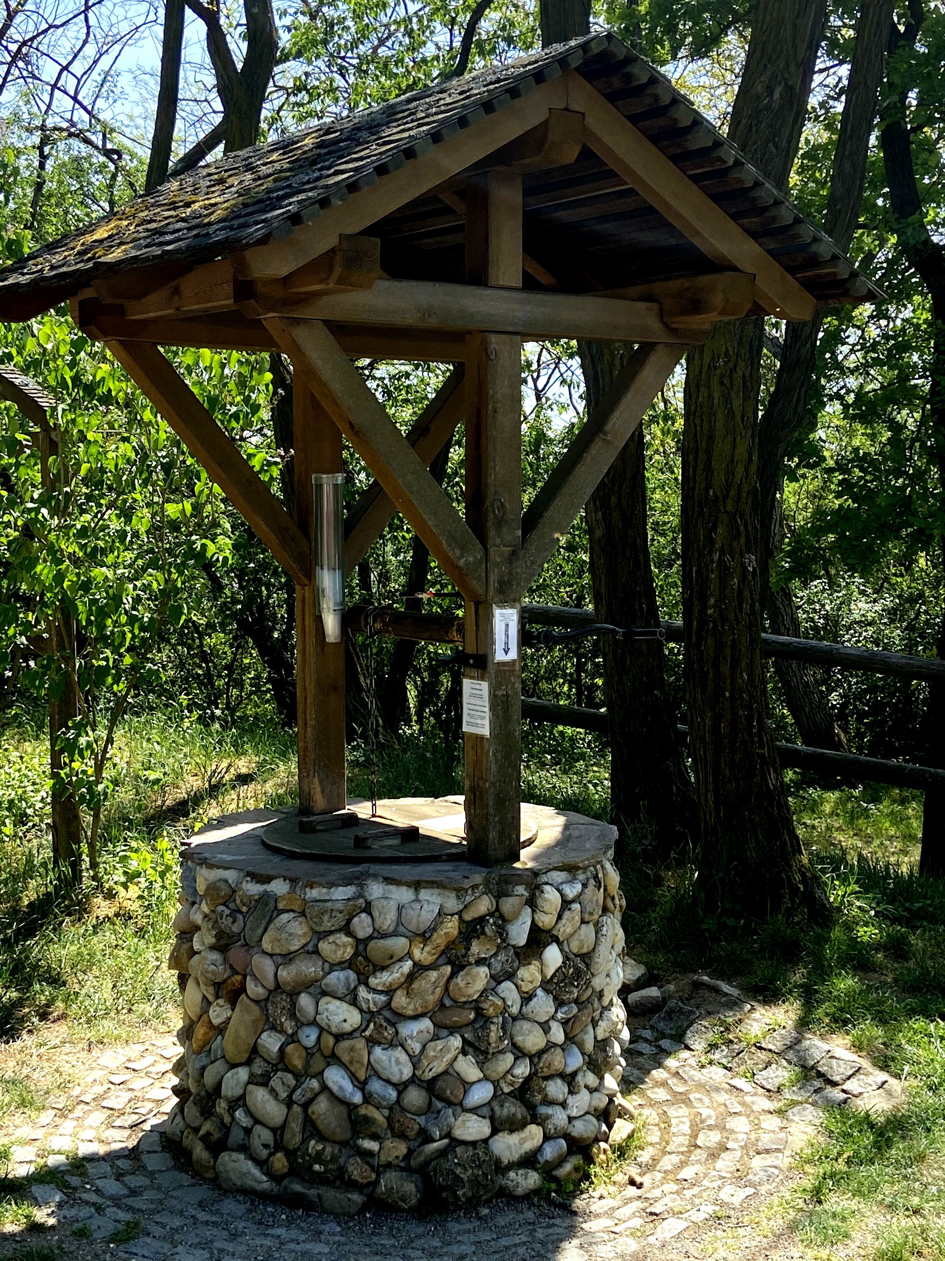 Ein steinerner Brunnen mit einem hölzernen Dach in einem Waldgebiet.