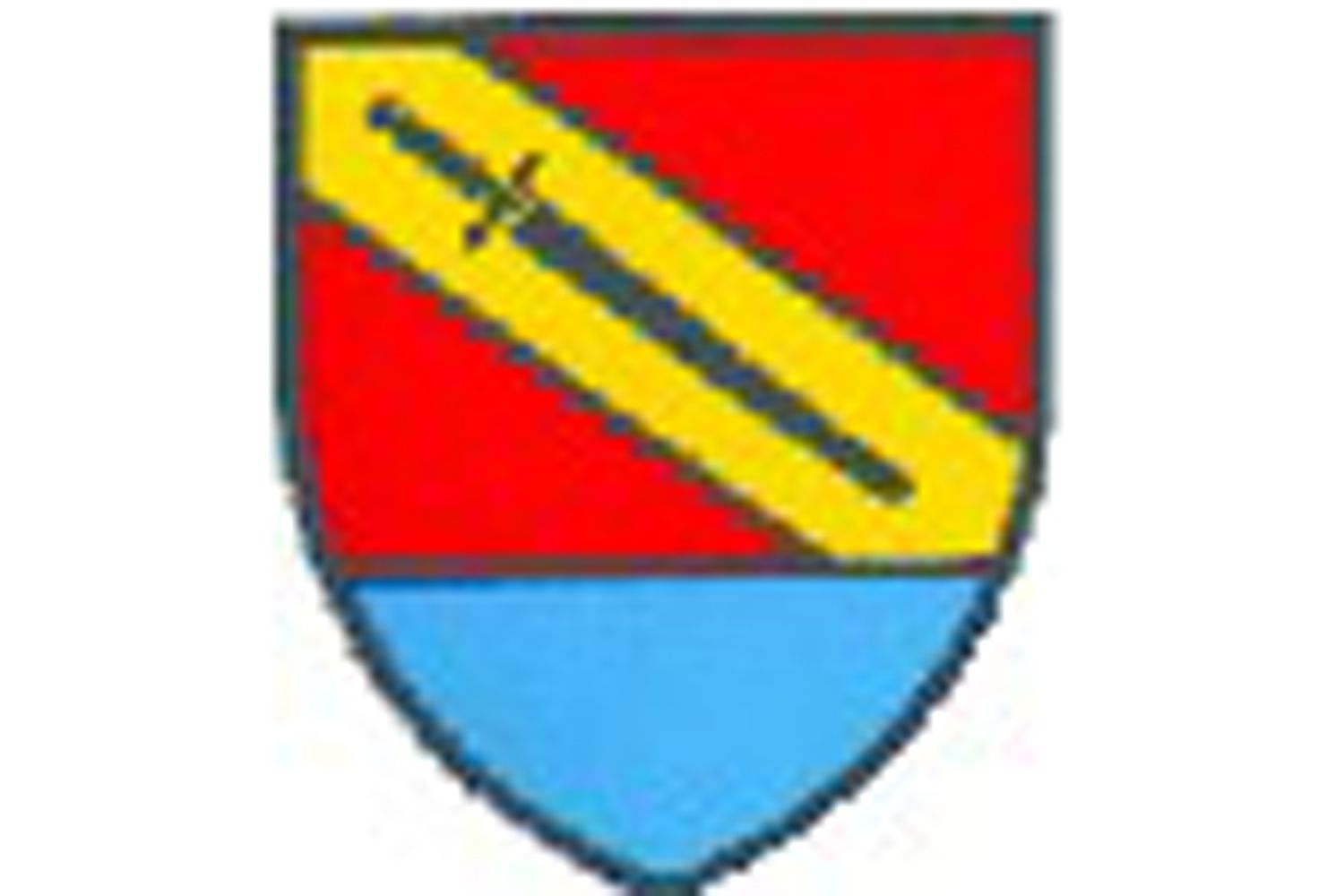 Ein Wappen mit rotem und blauem Hintergrund, gelbem Schrägbalken und einem schwarzen Schwert.