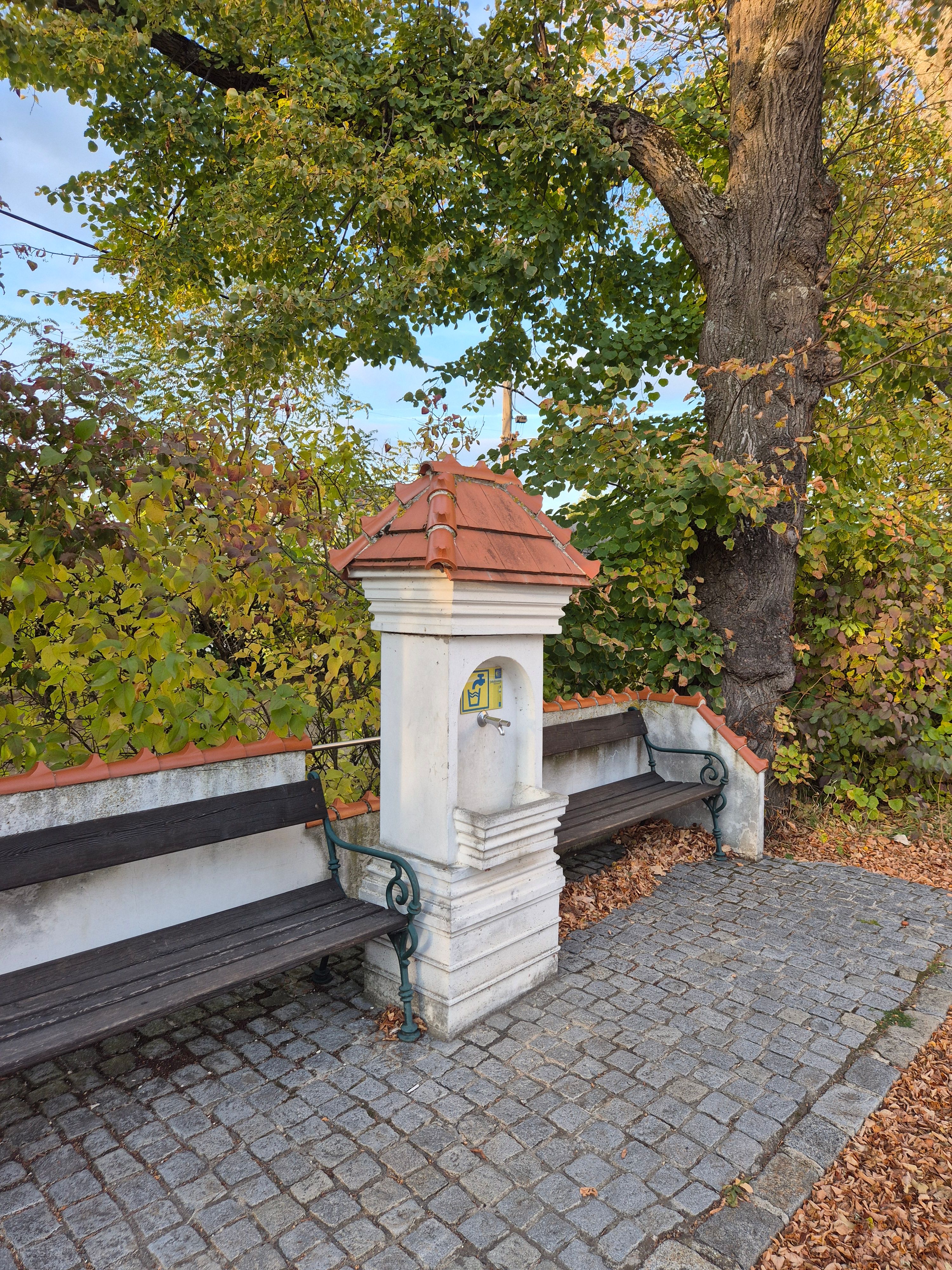 Zwei Bänke an einem kleinen Brunnen in einem herbstlichen Park.