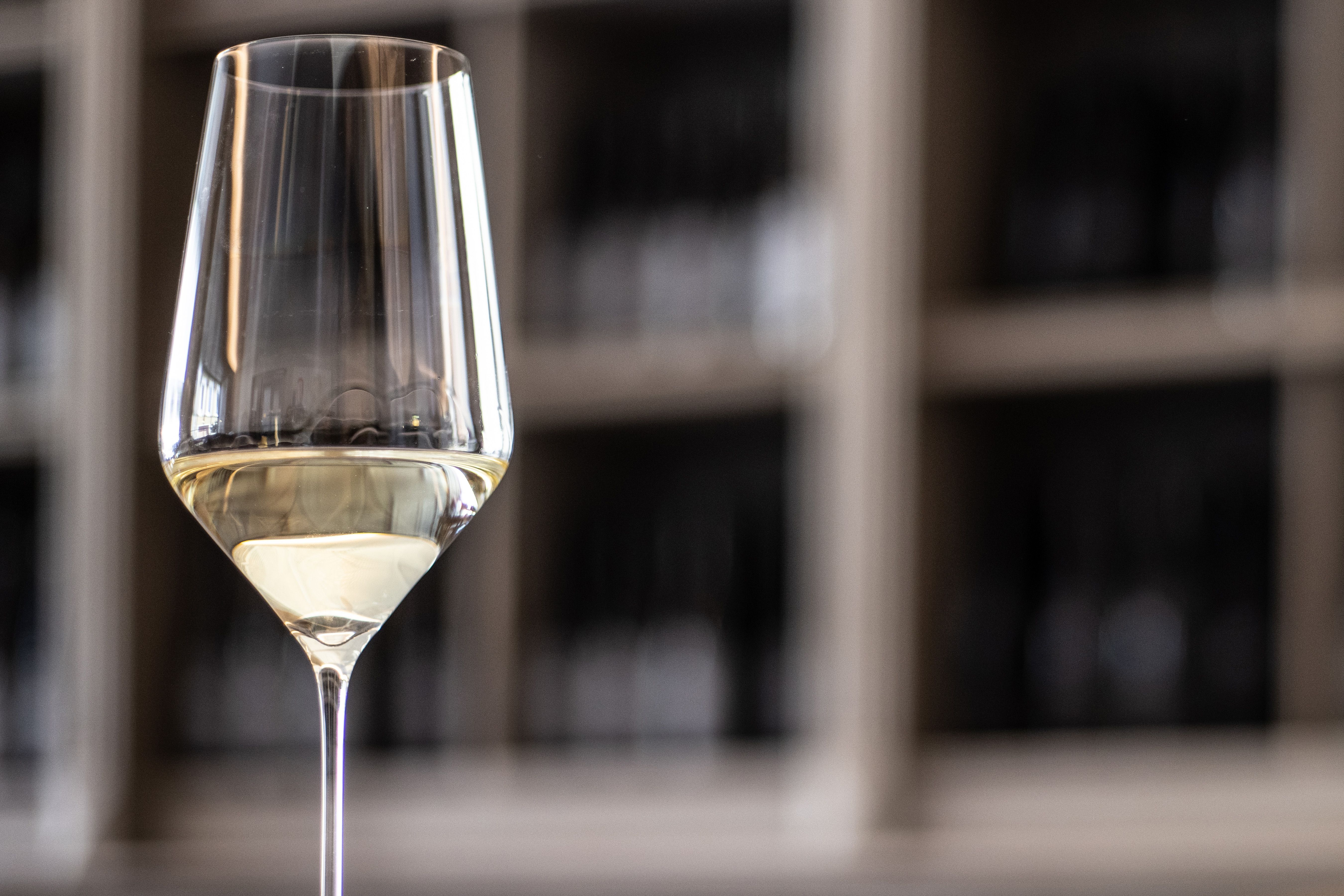 Close-up of a wine glass with white wine in front of a blurred background.