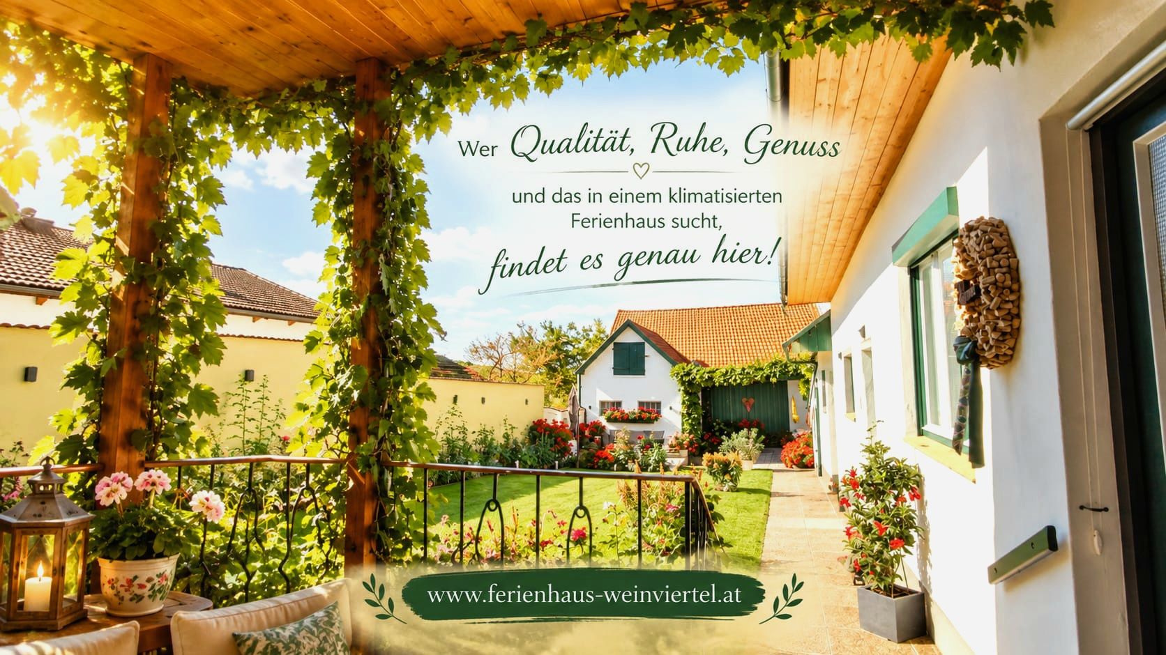 Wer Qualität, Ruhe, Genuss sucht, findet es genau hier: sonniger Innenhof eines klimatisierten Ferienhauses mit Weinranken, Blumen und Terrasse.