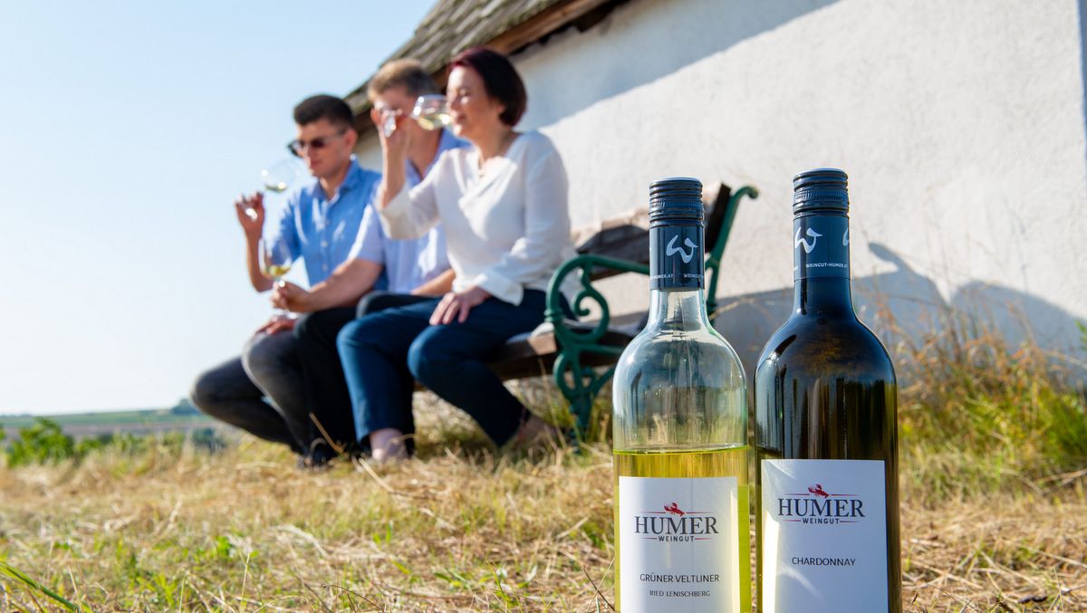 Zwei Weinflaschen von Weingut Humer im Vordergrund, im Hintergrund drei Personen auf einer Bank, die Wein trinken.