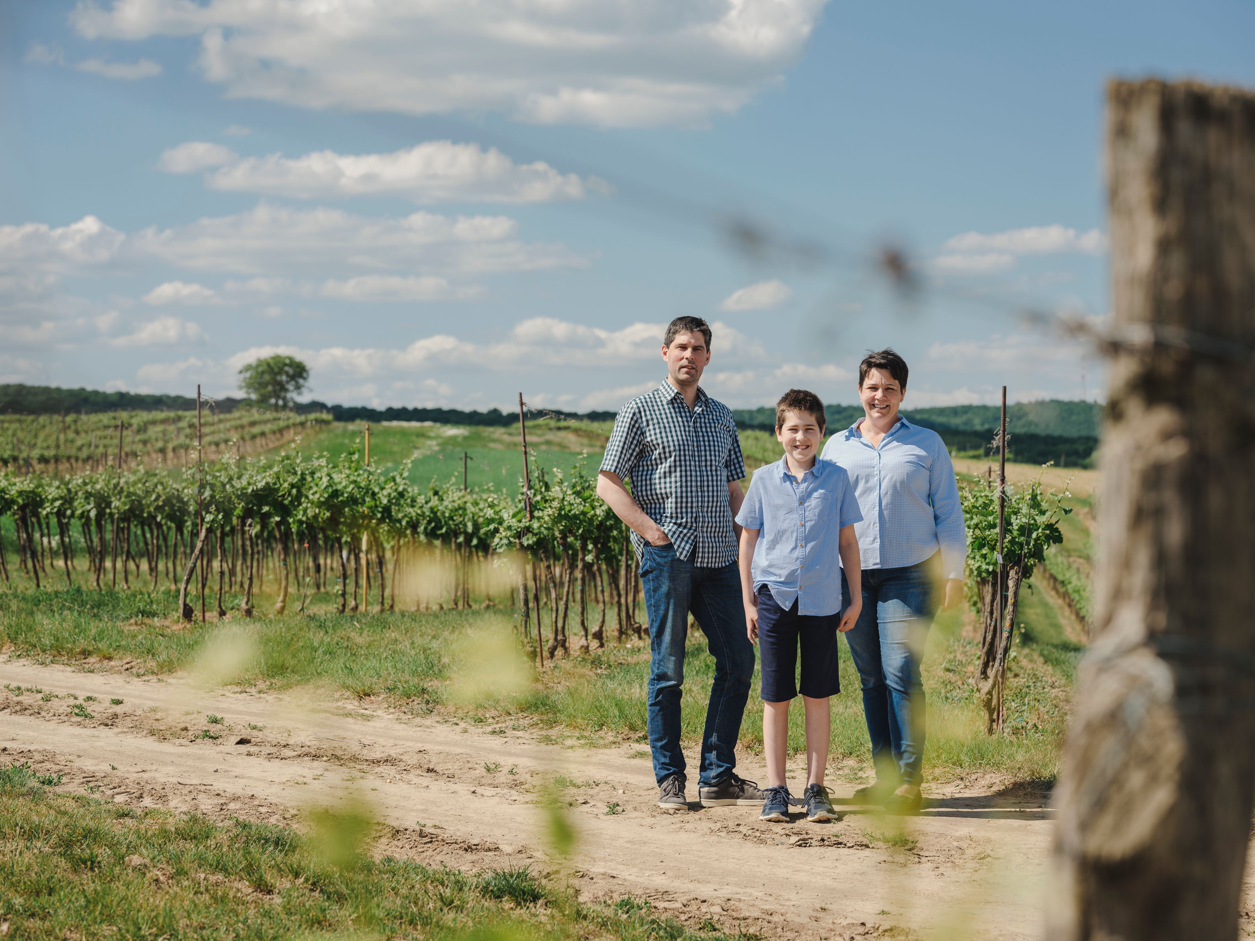Eine Familie steht in einem Weinberg unter blauem Himmel.