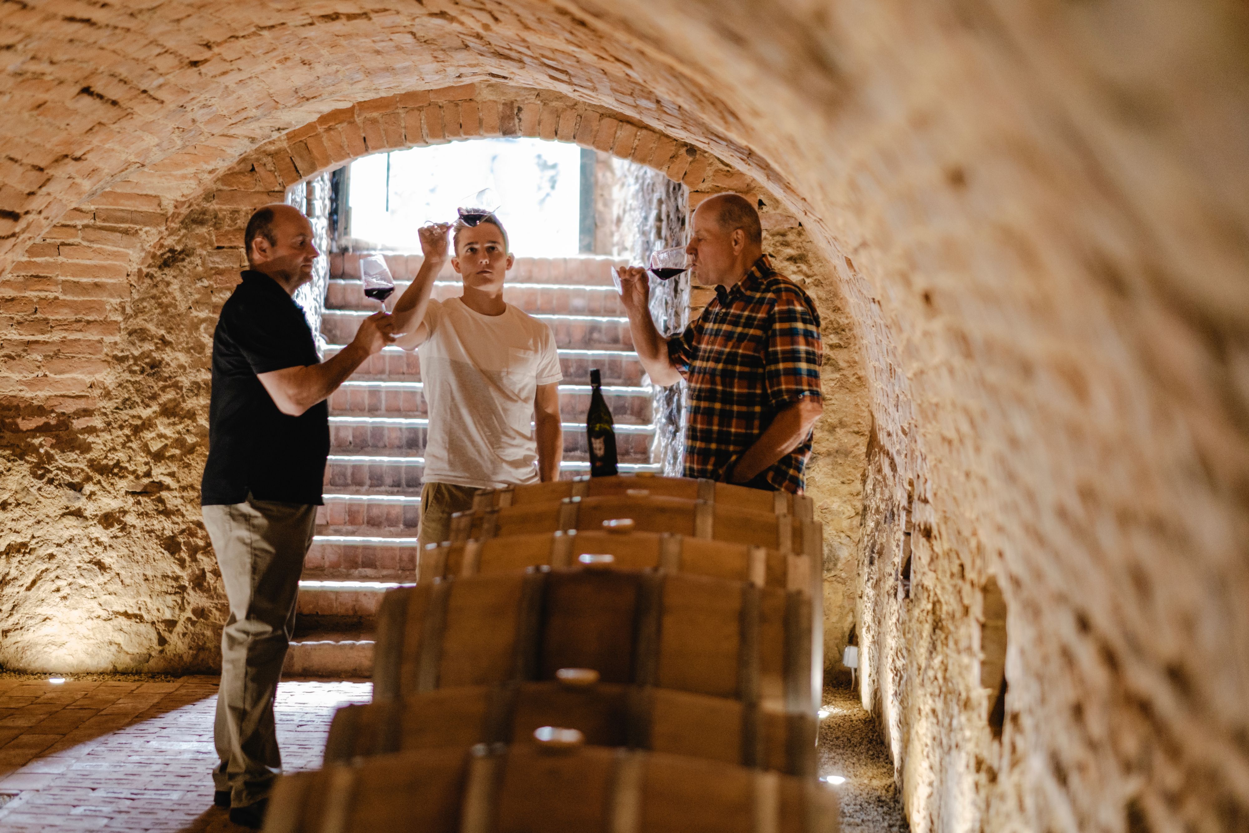 Three men taste wine in a wine cellar with a brick vault.