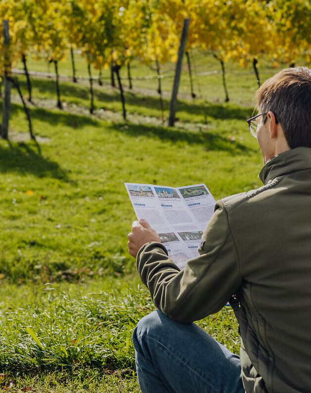 Eine junge Frau im Rollstuhl und ein Mann genießen den Ausblick auf eine mit herbstlich gefärbten Weingärten durchzogene Landschaft. Der Mann hält einen Folder mit Tipps in der Hand.