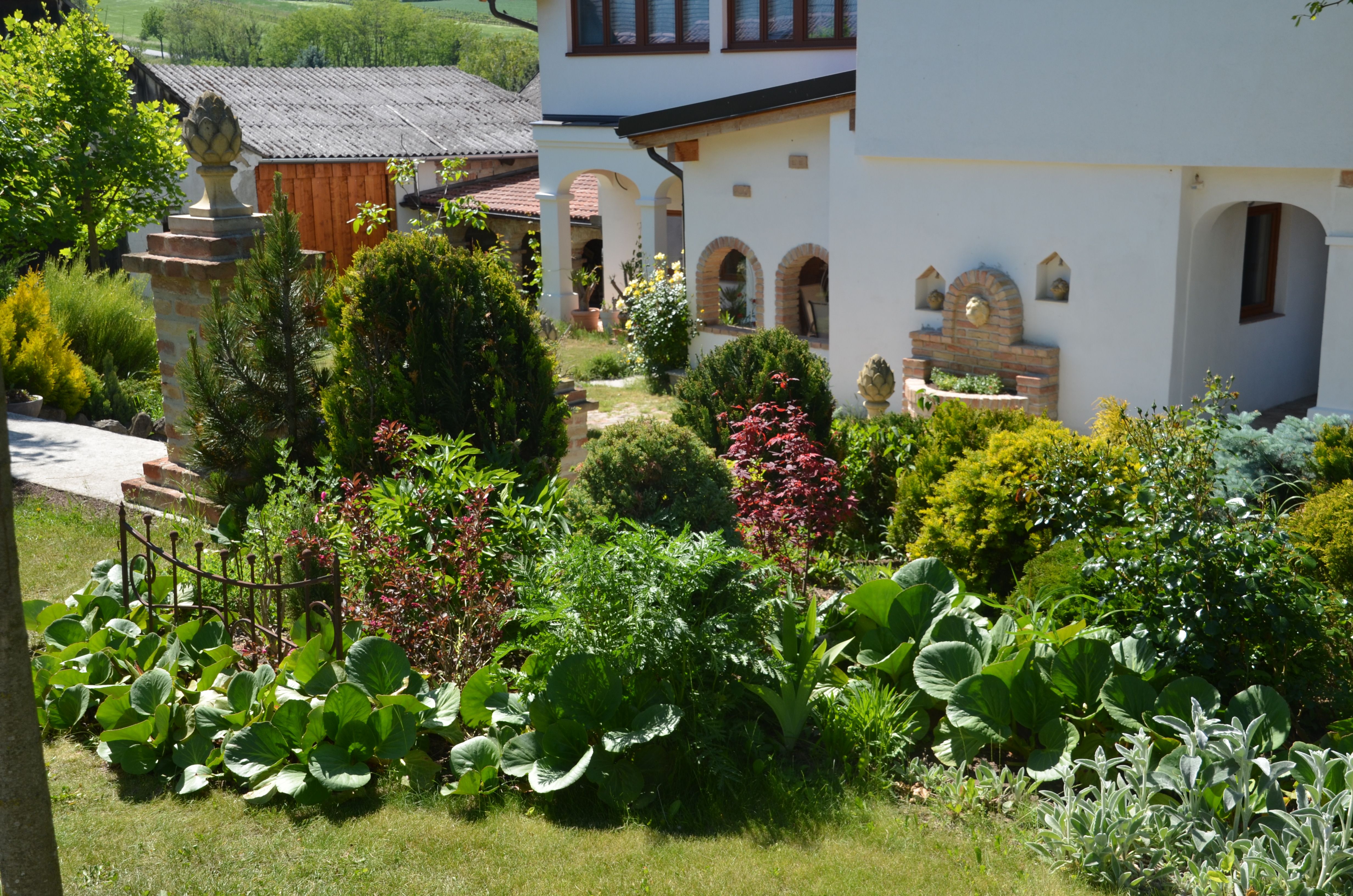 Ein gepflegter Garten mit verschiedenen Pflanzen und einem weißen Haus im Hintergrund.