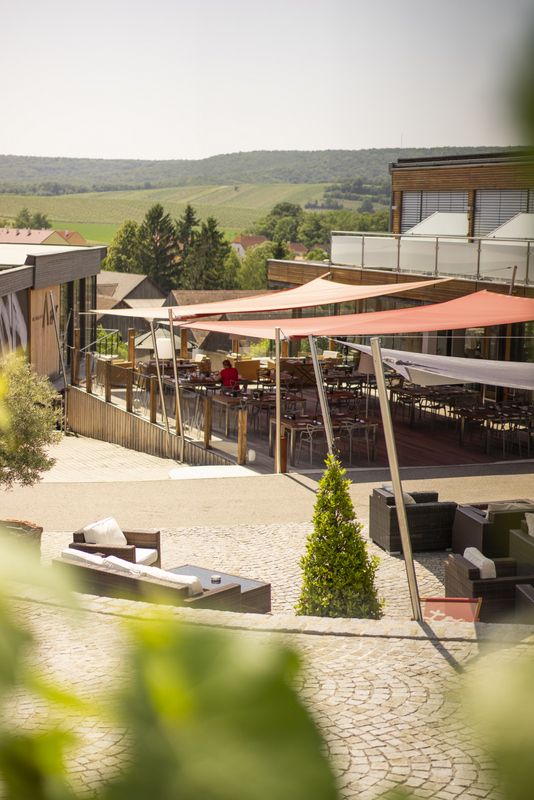 Terrasse mit Sonnensegeln und Sitzgelegenheiten, umgeben von grüner Landschaft.