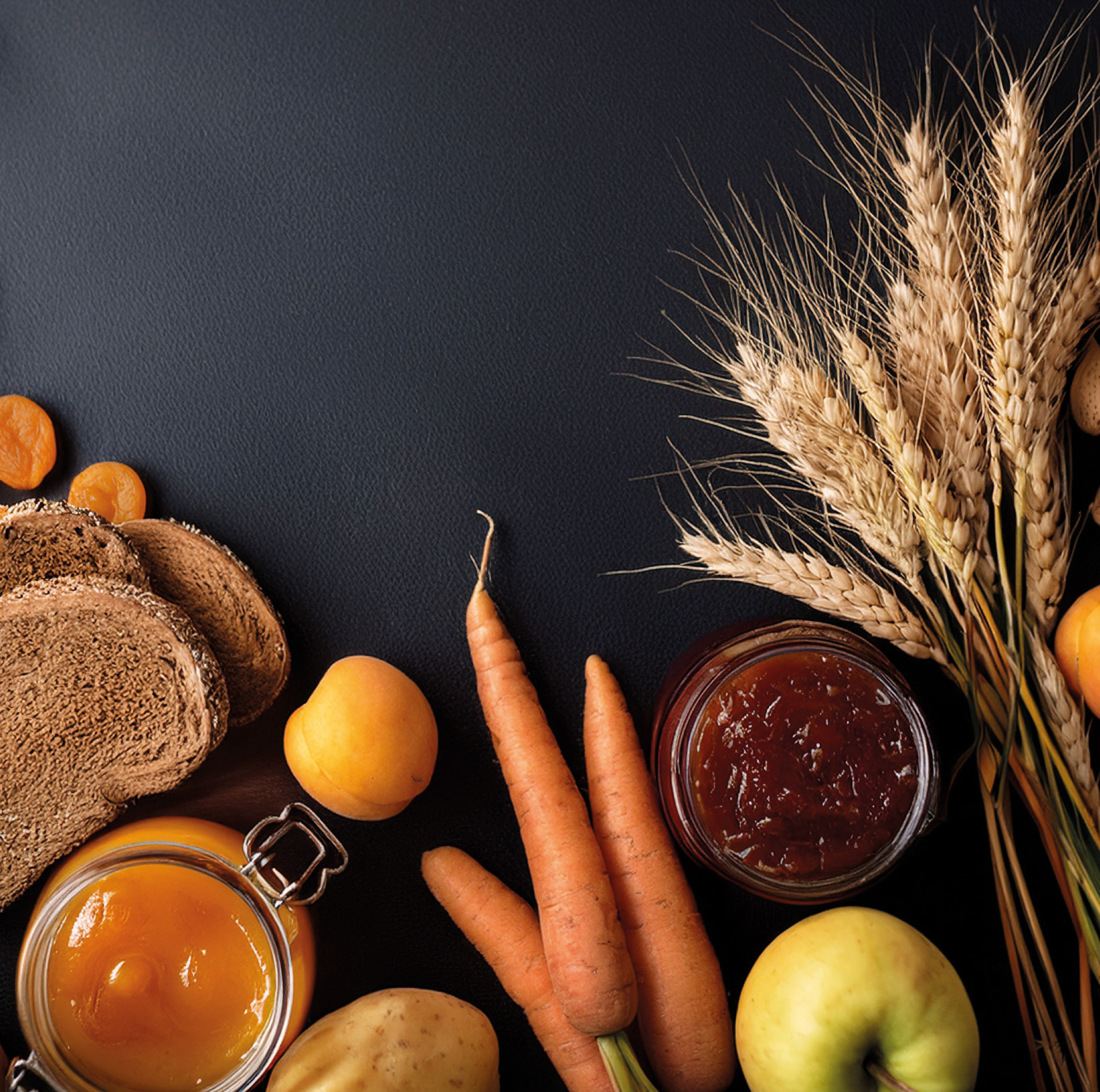 Regionale Produkte, wie Karotten, Brot, Marmelade, Äpfel und Getreide liegen auf dunklem Hintergrund.