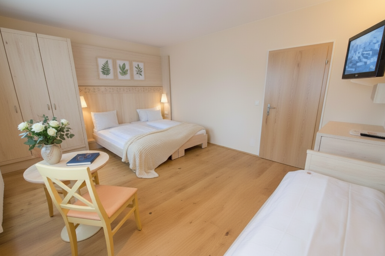 Helles Hotelzimmer mit zwei Betten, einem Tisch mit Stuhl und einem Fernseher an der Wand.