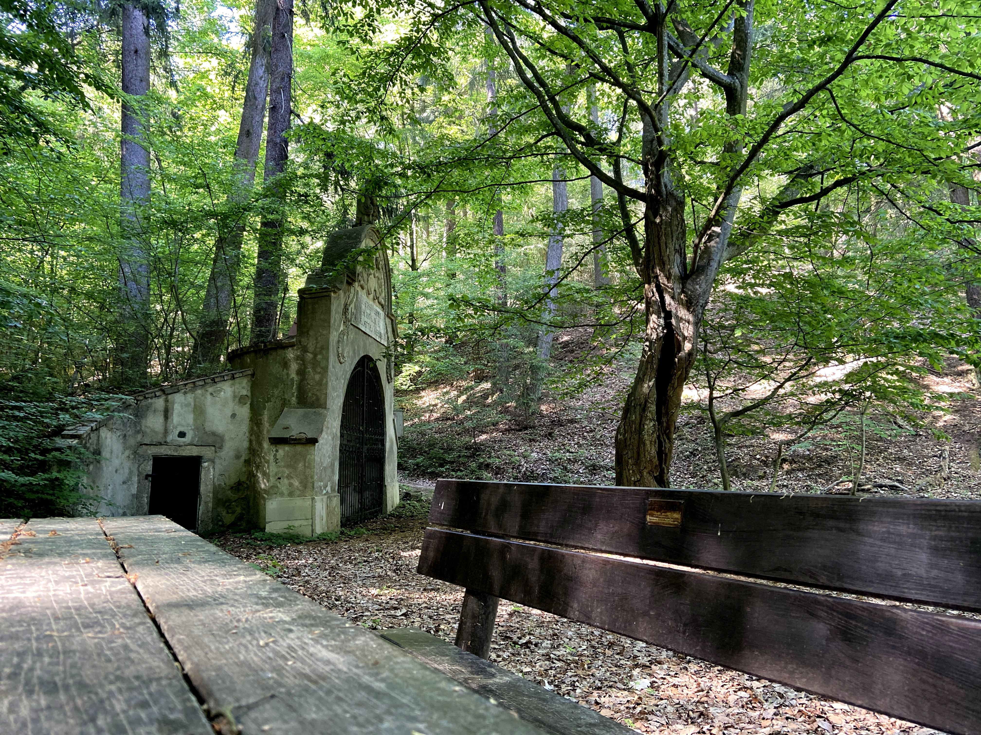 Waldszene mit Brunnstube im Hintergrund und Holzbänken.