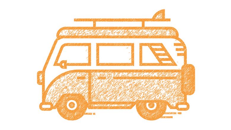 Ein illustrierter Bus in orange.