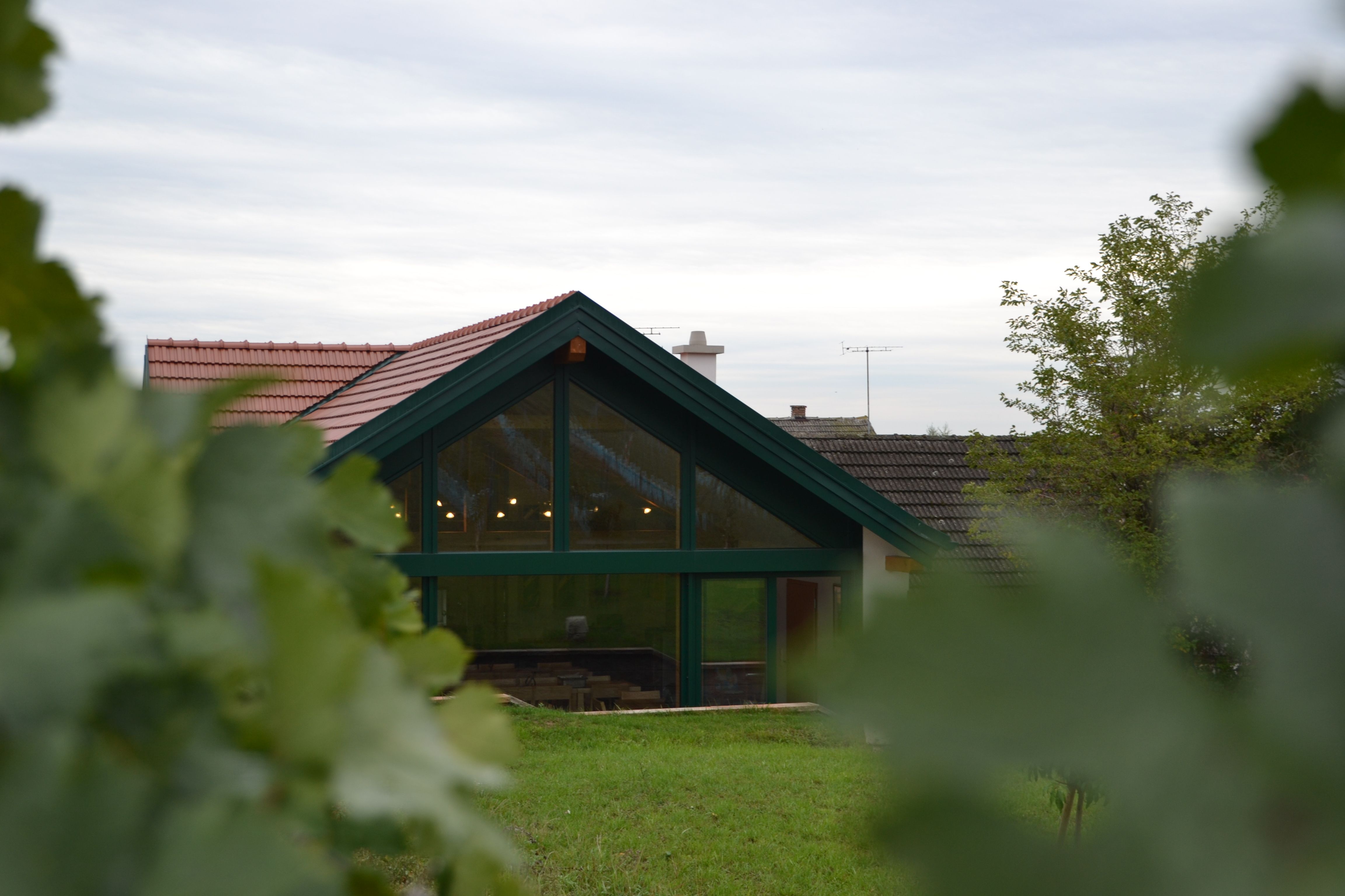 Modernes Gebäude mit Glasfront und rotem Dach, umgeben von grüner Vegetation.