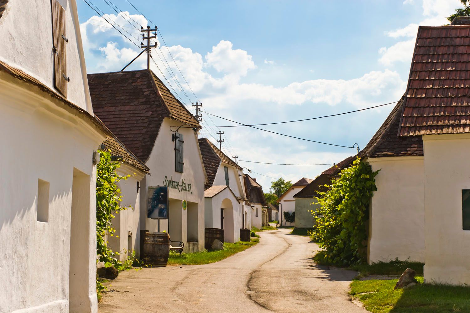 Eine malerische Kellergasse mit weißen Gebäuden und Ziegeldächern unter blauem Himmel.