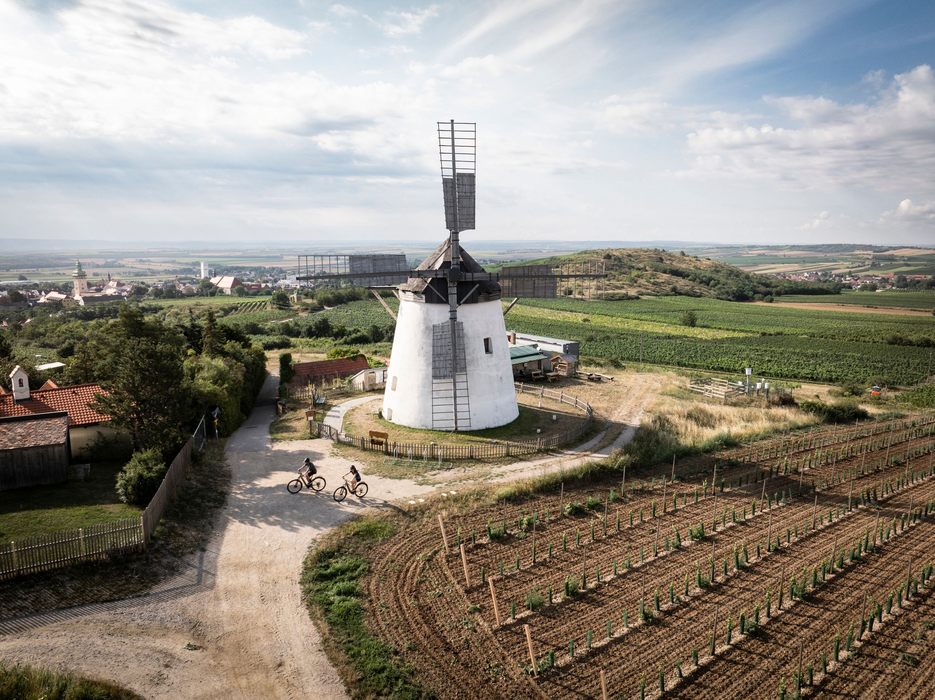 Landscape with windmill and cyclists in Retz, Austria.