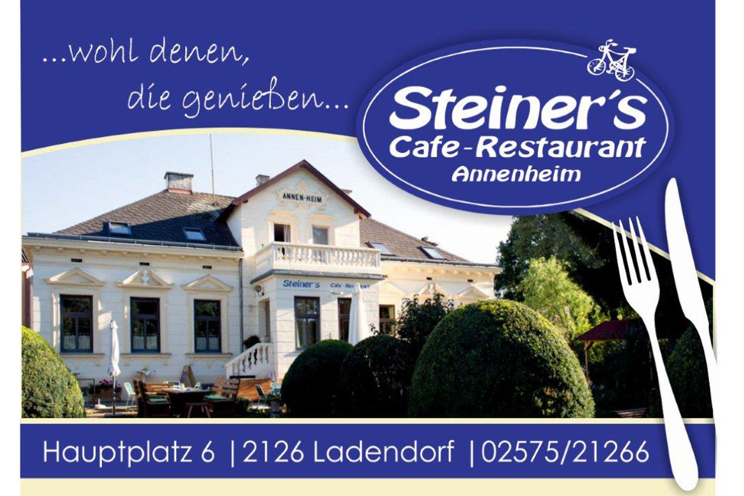 Werbung für Steiner's Cafe-Restaurant Annenheim mit Bild des Gebäudes und Adresse.