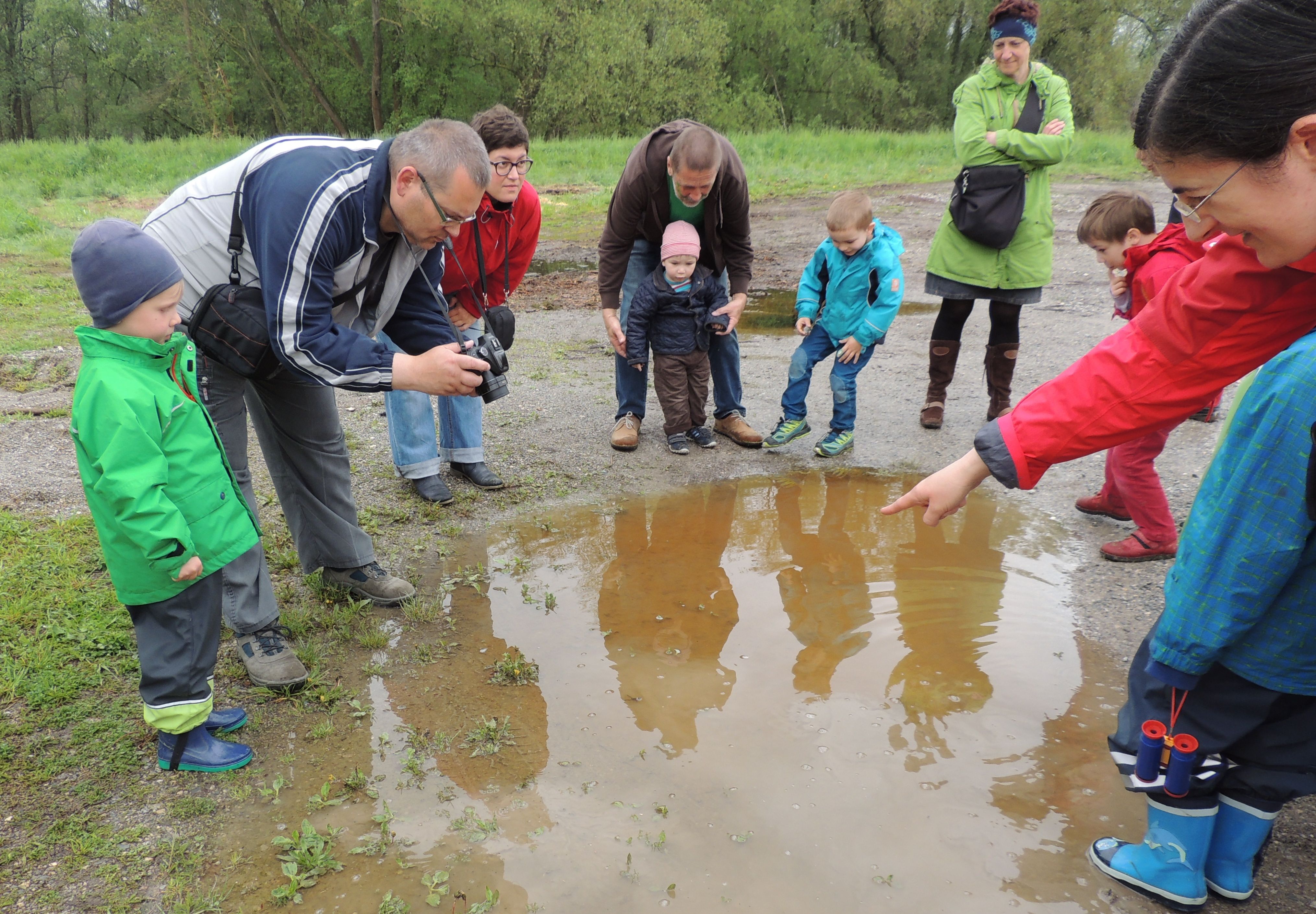 Gruppe von Erwachsenen und Kindern beobachtet eine Pfütze im Freien.