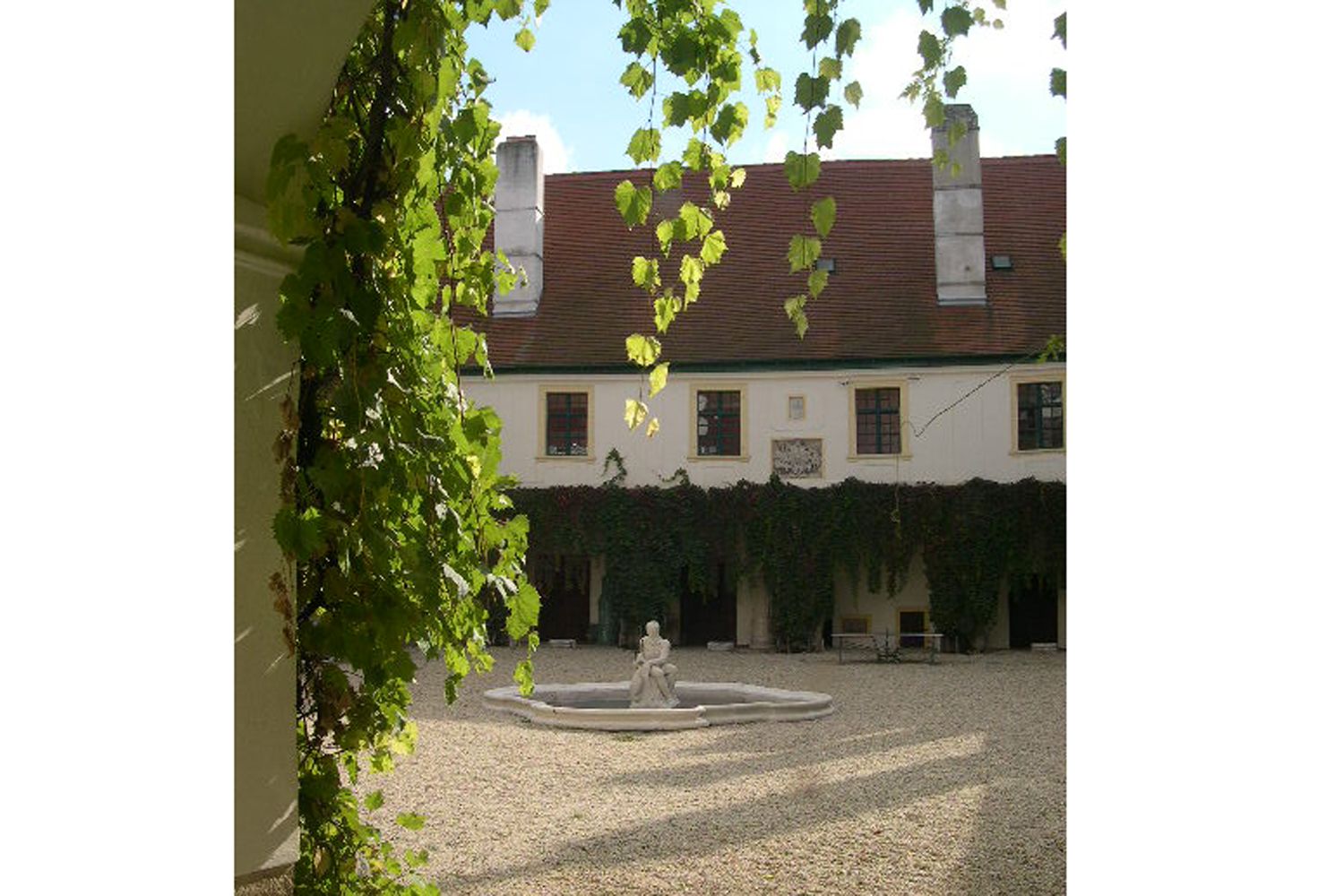 Innenhof von Schloss Loosdorf mit Brunnen und Efeu an den Wänden.