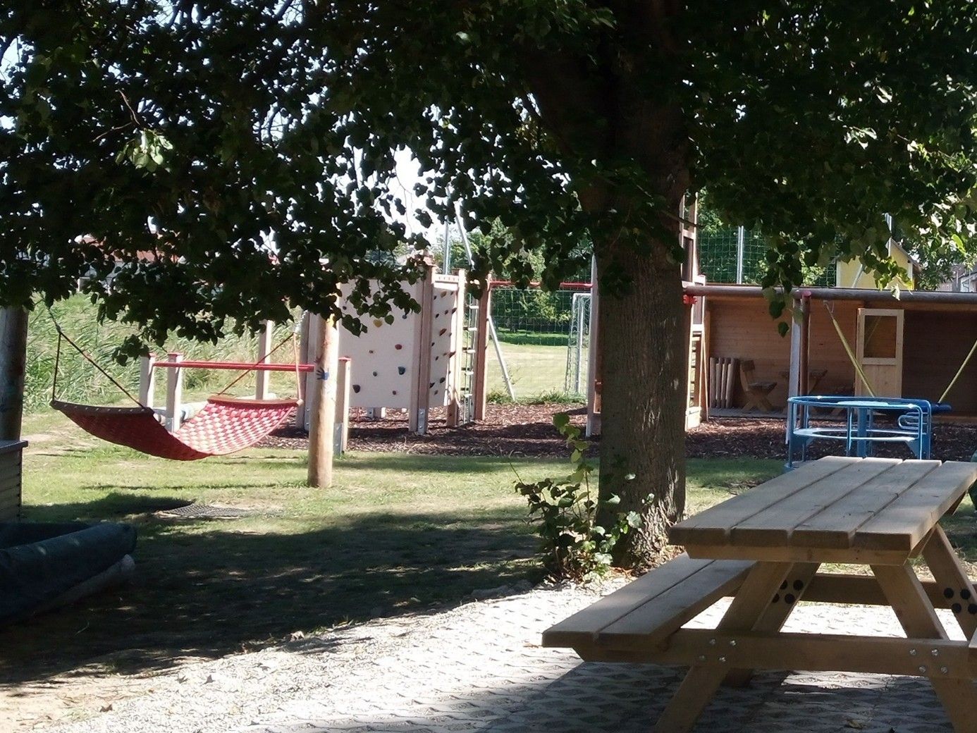 A playground with a hammock, climbing wall and wooden table under a tree.