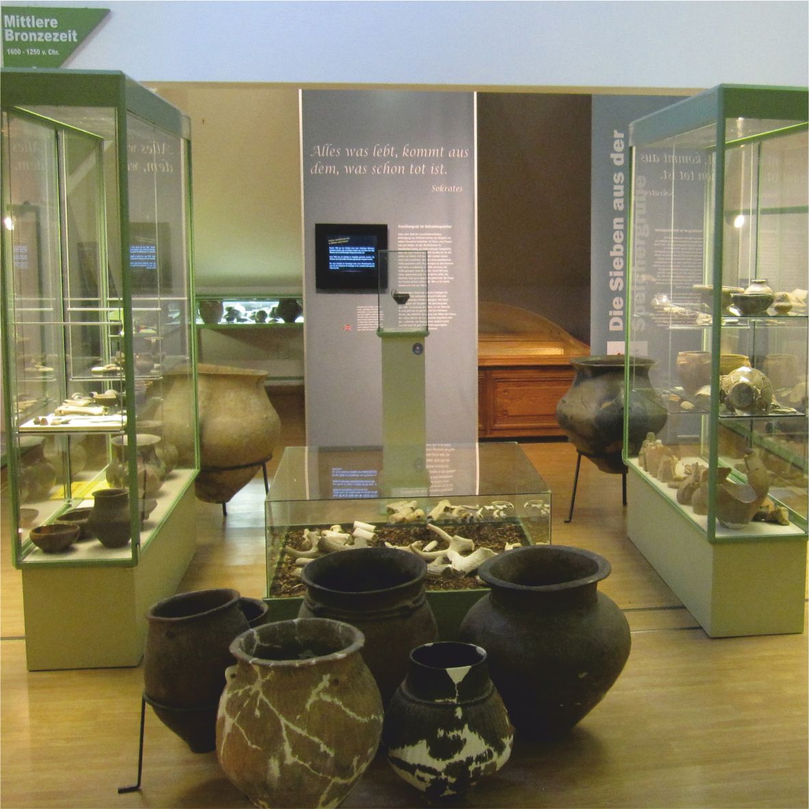 Muzejní expozice se starožitnými hliněnými nádobami a vitrínami.