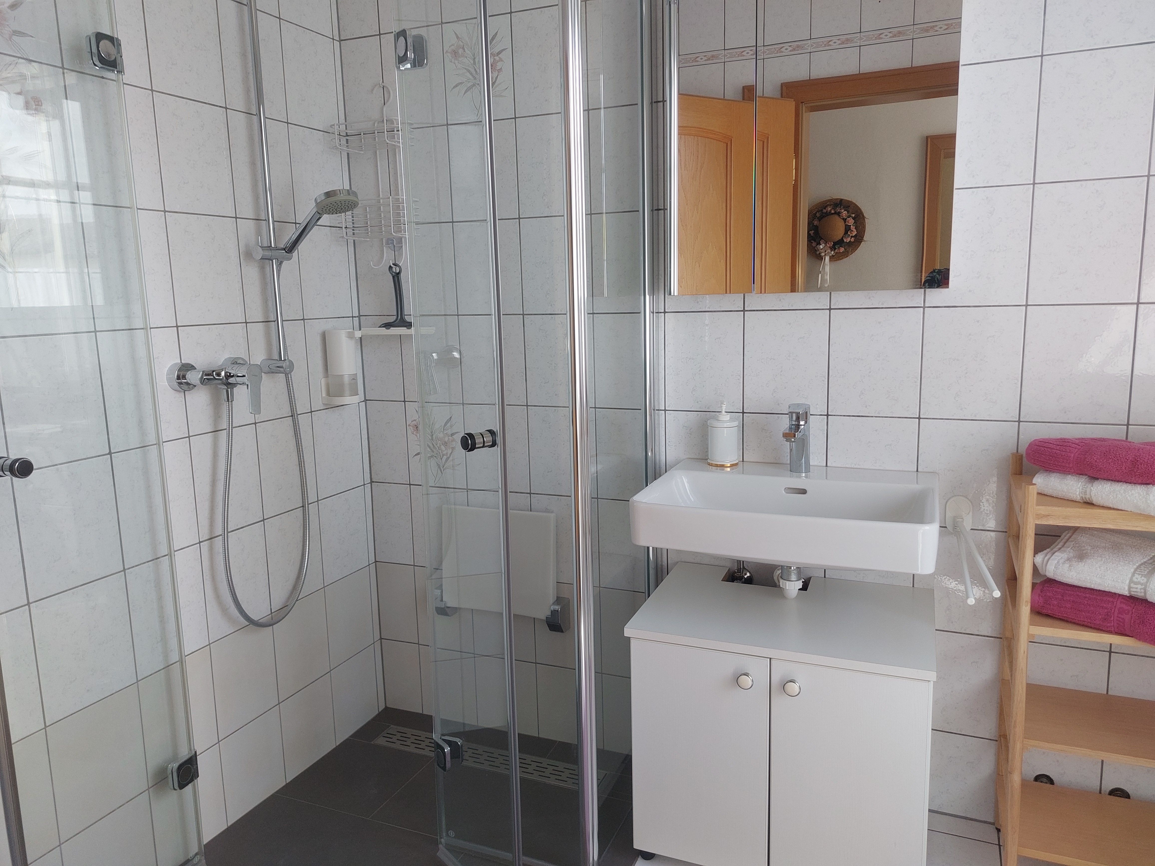 Modernes Badezimmer mit Dusche, Waschbecken und Handtuchregal.