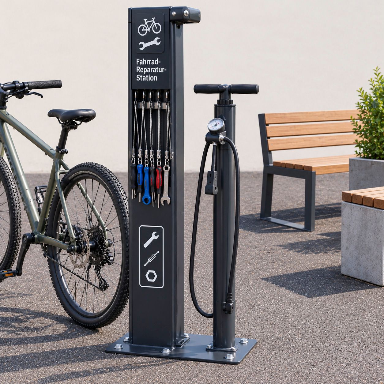 Fahrrad-Reparaturstation mit Sitzbank neben einem Mountainbike, inklusive Werkzeugen und Luftpumpe im Außenbereich.