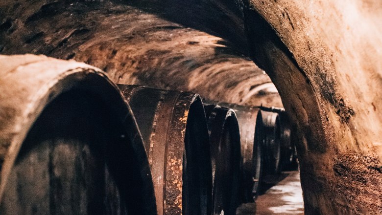 Ein alter Weinkeller mit großen Holzfässern an den Wänden.