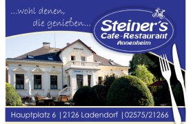 Werbung für Steiner's Cafe-Restaurant Annenheim mit Bild des Gebäudes und Adresse.