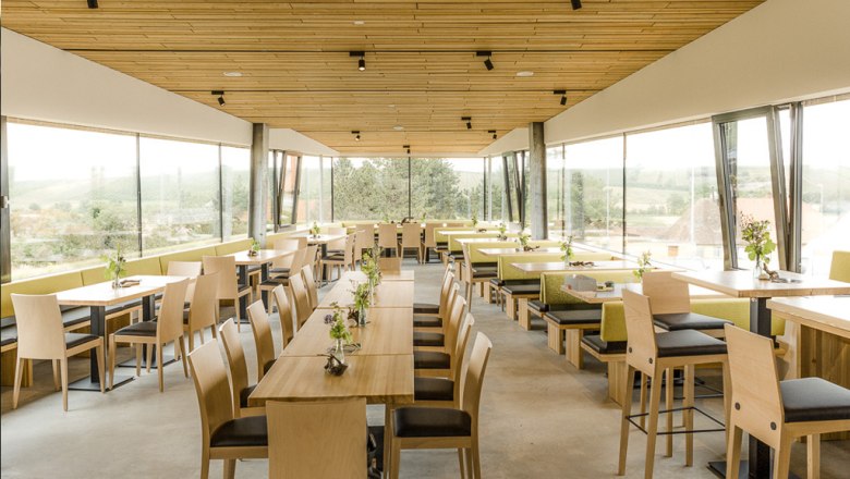Innenansicht eines modernen Restaurants mit Holzmöbeln und großen Fenstern.