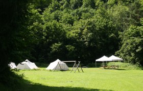 Zelte und Pavillon auf einer grünen Wiese vor einem Wald.