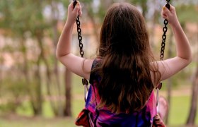 Ein Kind schaukelt auf einer Schaukel im Freien, umgeben von Bäumen.