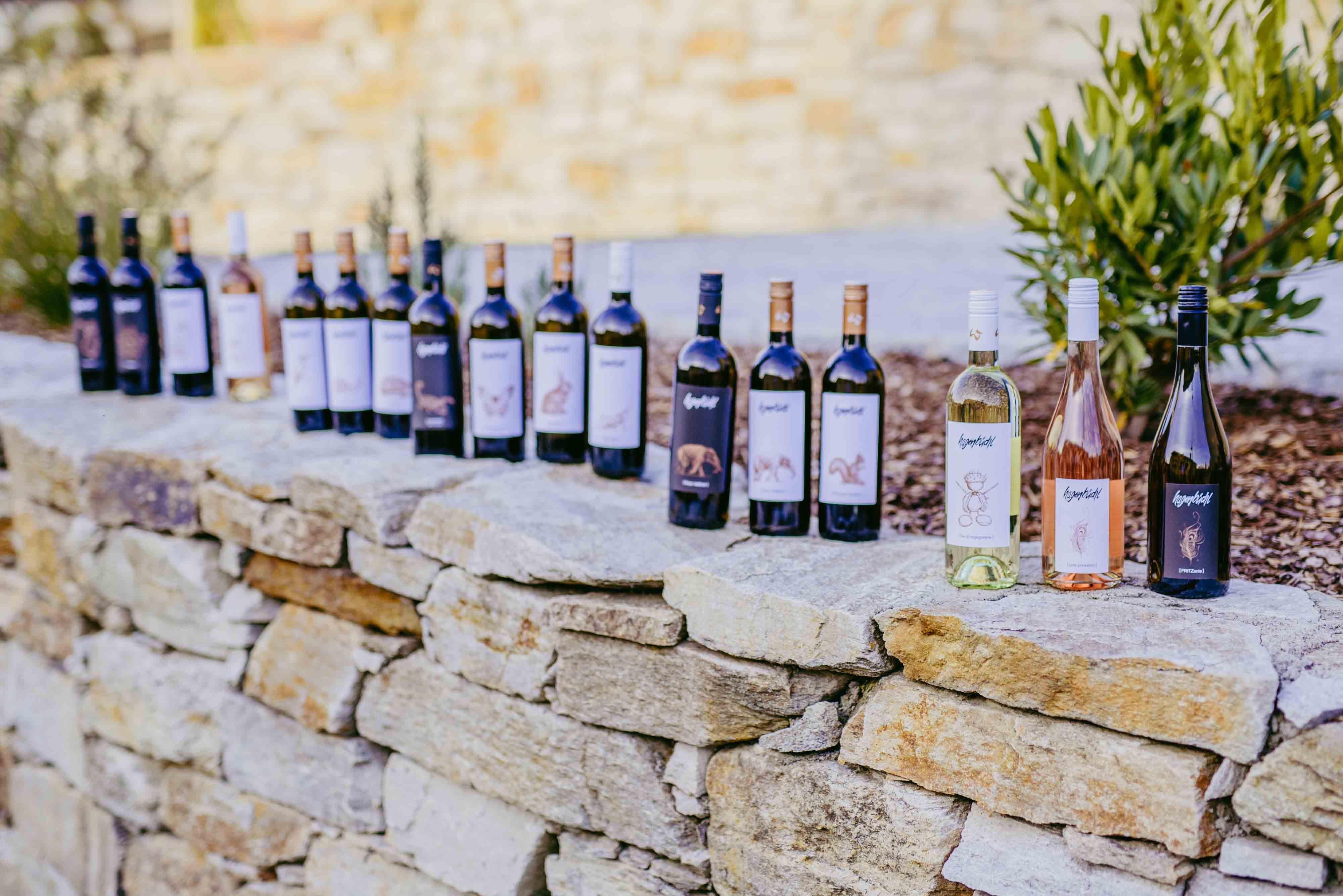 Reihe von Weinflaschen auf einer Steinmauer im Freien.