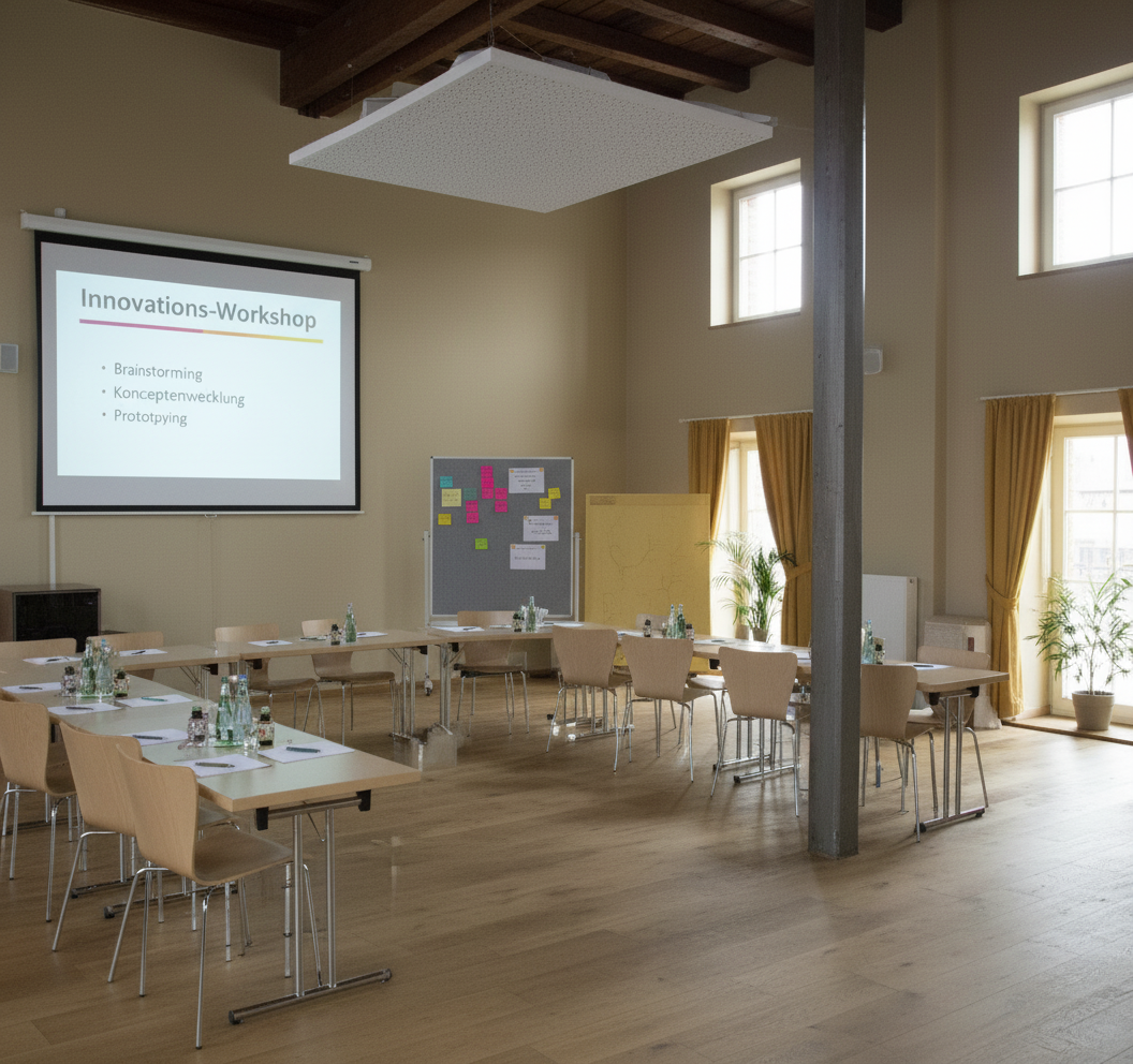 Světlá místnost se stolem ve tvaru písmene U pro inovační workshop. Na obrazovce je napsáno "Inovační workshop".